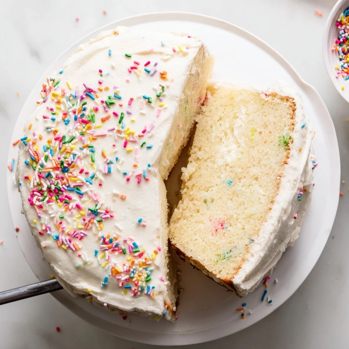 Festive homemade Funfetti cake with rainbow sprinkles baked into fluffy vanilla layers, topped with creamy white buttercream frosting and extra colorful confetti for birthday celebrations