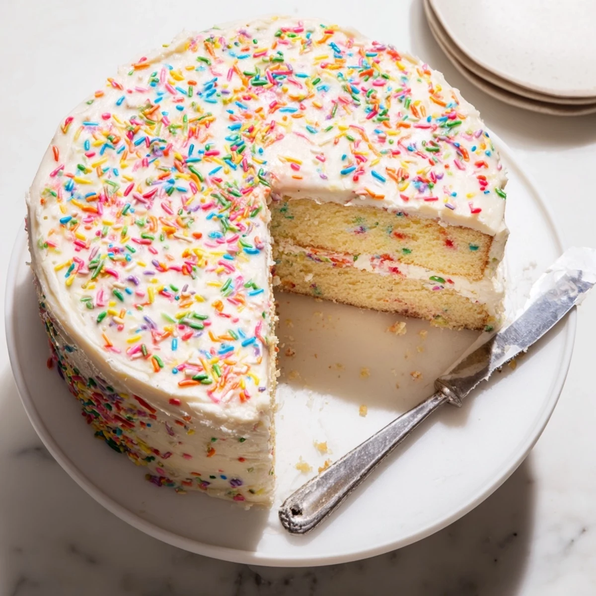 Sliced slice of Funfetti cake revealing rainbow speckled yellow crumb, served on white plate with glass of milk for easy dessert