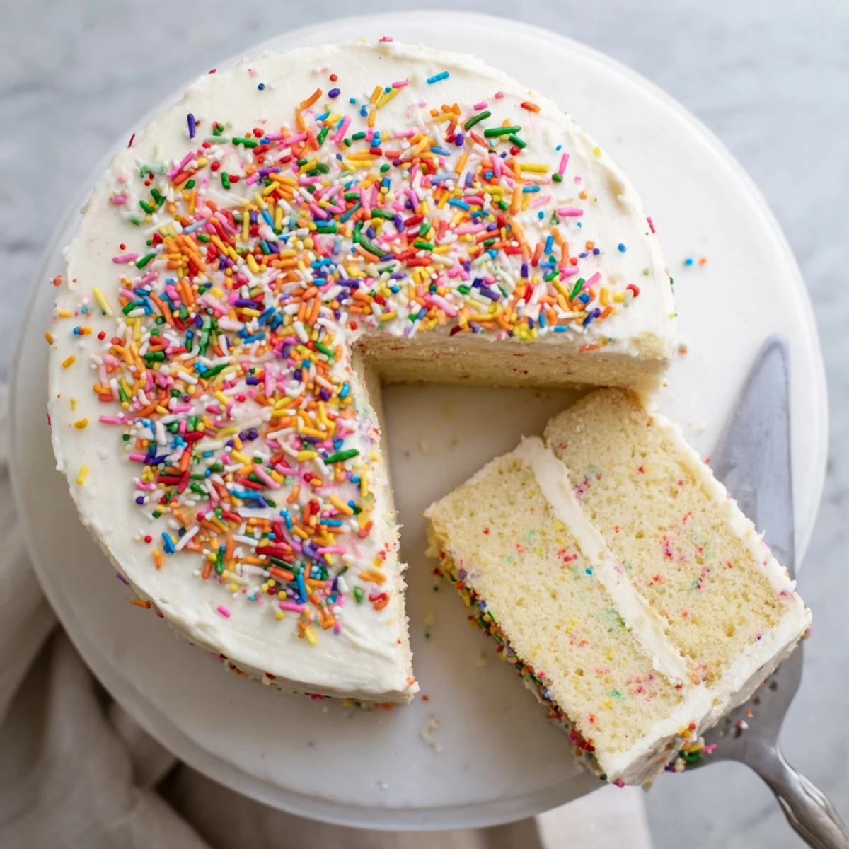 Two-layer Funfetti cake frosted in smooth white buttercream and generously decorated with rainbow sprinkles on top and sides for party desserts