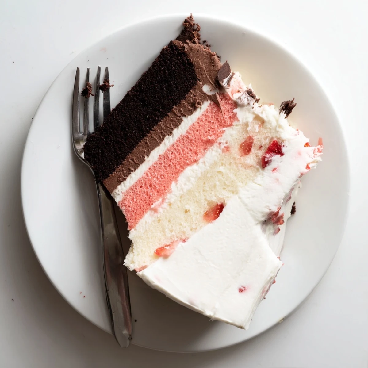Tri-layer Neapolitan cake topped with fresh strawberries and chocolate shavings on white serving plate