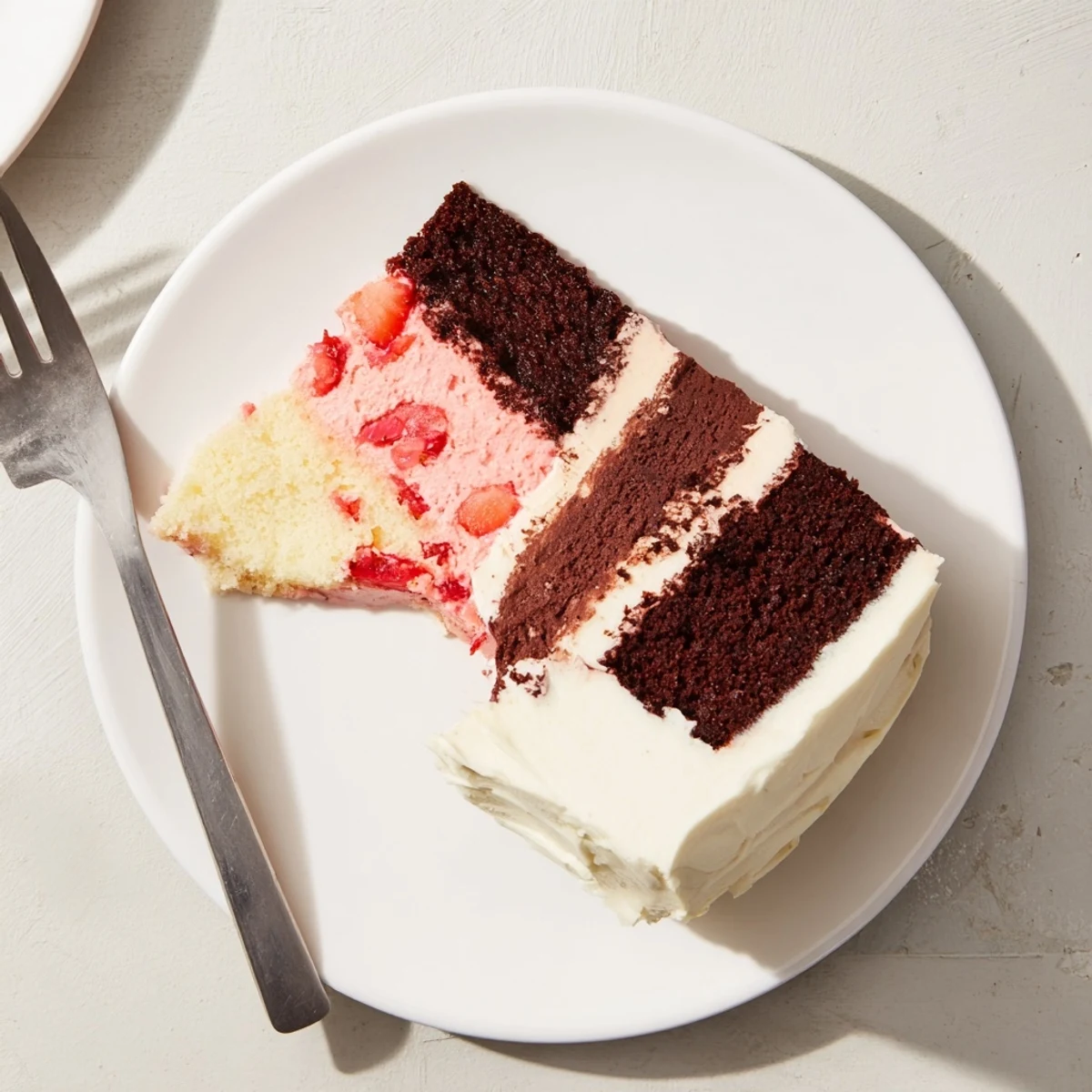 Slice of Neapolitan cake revealing chocolate, strawberry, and vanilla layers with creamy buttercream frosting