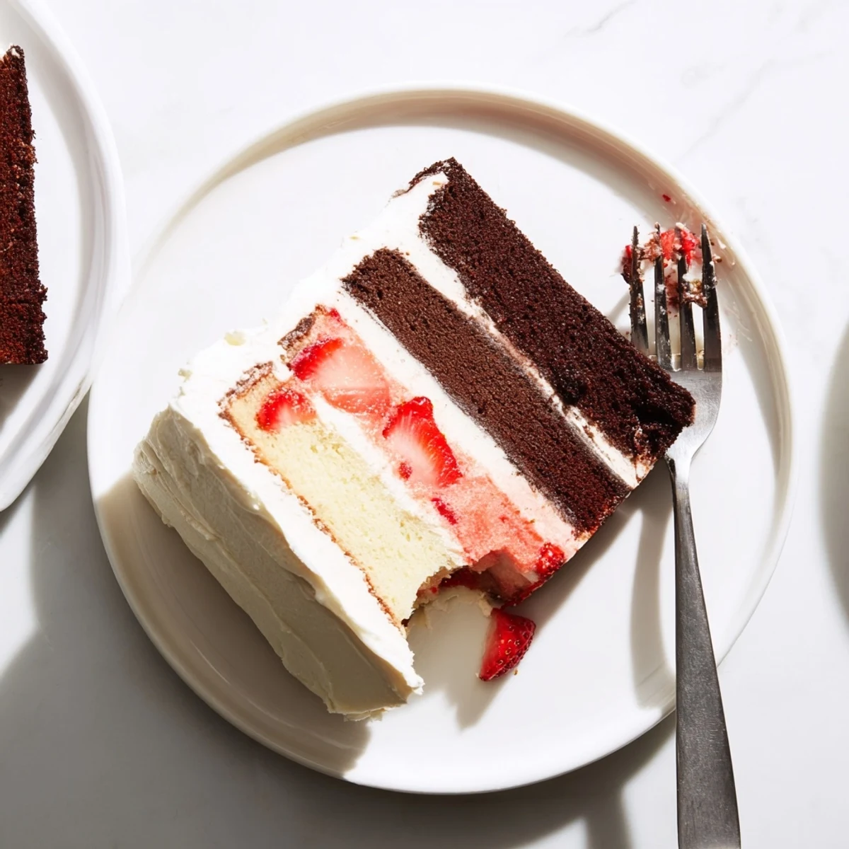 Homemade Neapolitan cake with swirled buttercream frosting showcasing classic pink, white, and brown layers