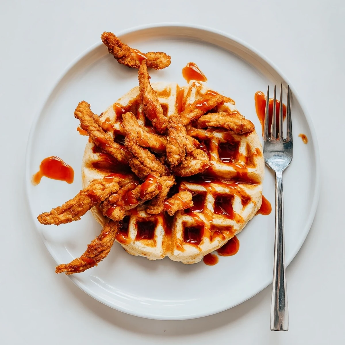 Golden vegan chicken and waffles topped with spicy maple drizzle on a white plate