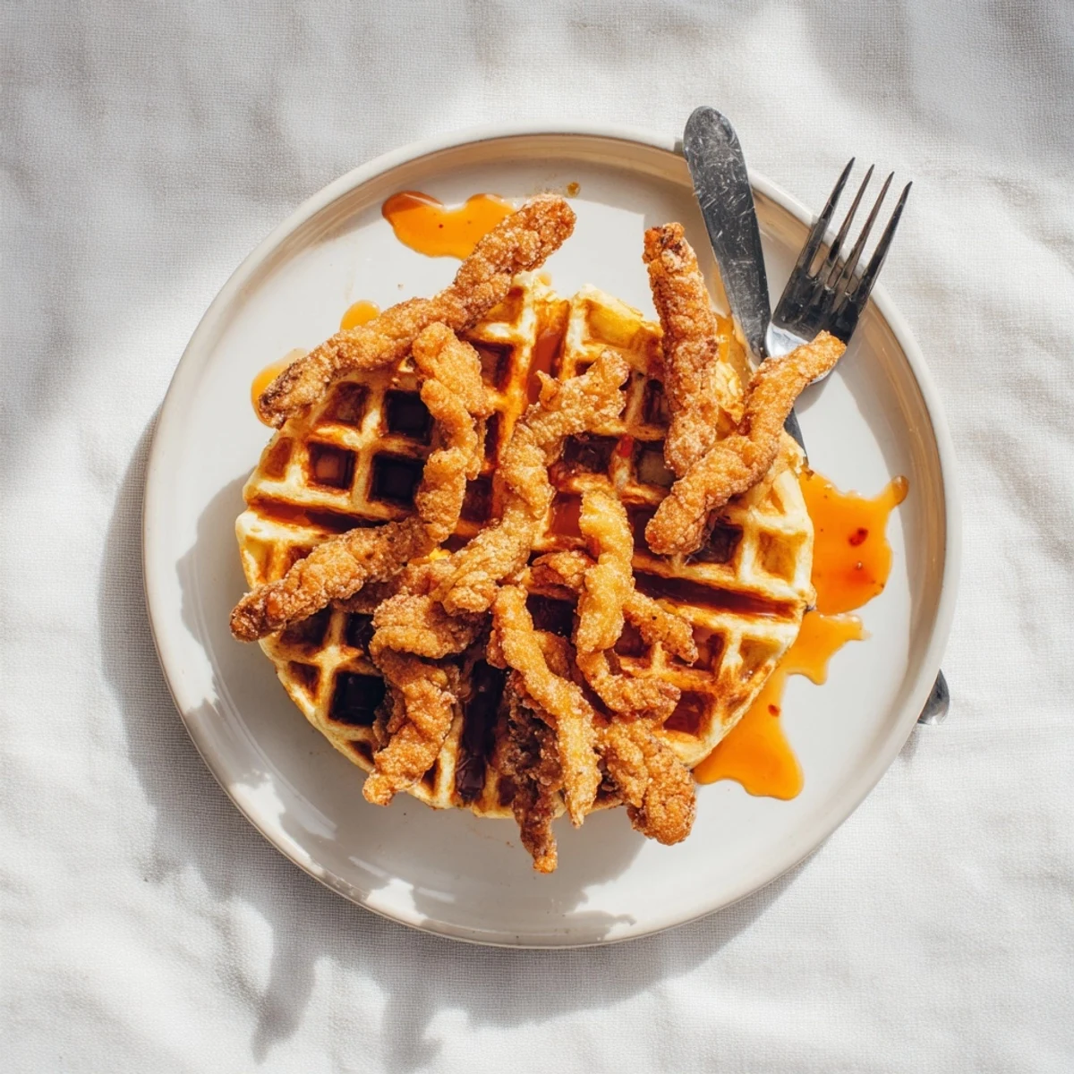 Crispy fried mushroom strips resting atop fluffy waffles for this Juneteenth plant-based comfort food