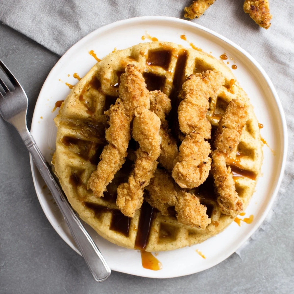 Stack of golden waffles piled high with breaded vegan chicken and sweet maple hot sauce glaze