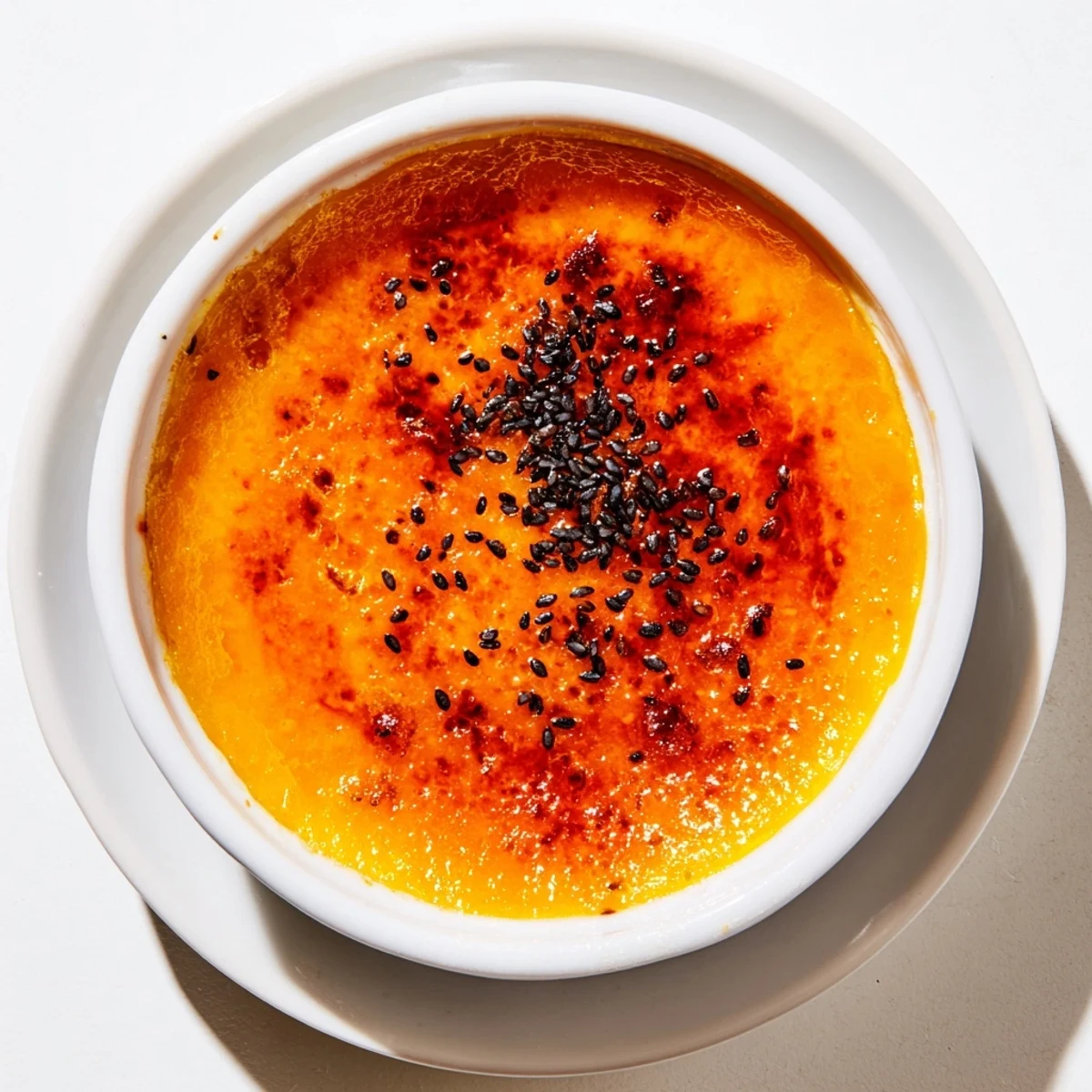 Golden caramelized sugar tops creamy Japanese sweet potato creme brulee in a white ramekin