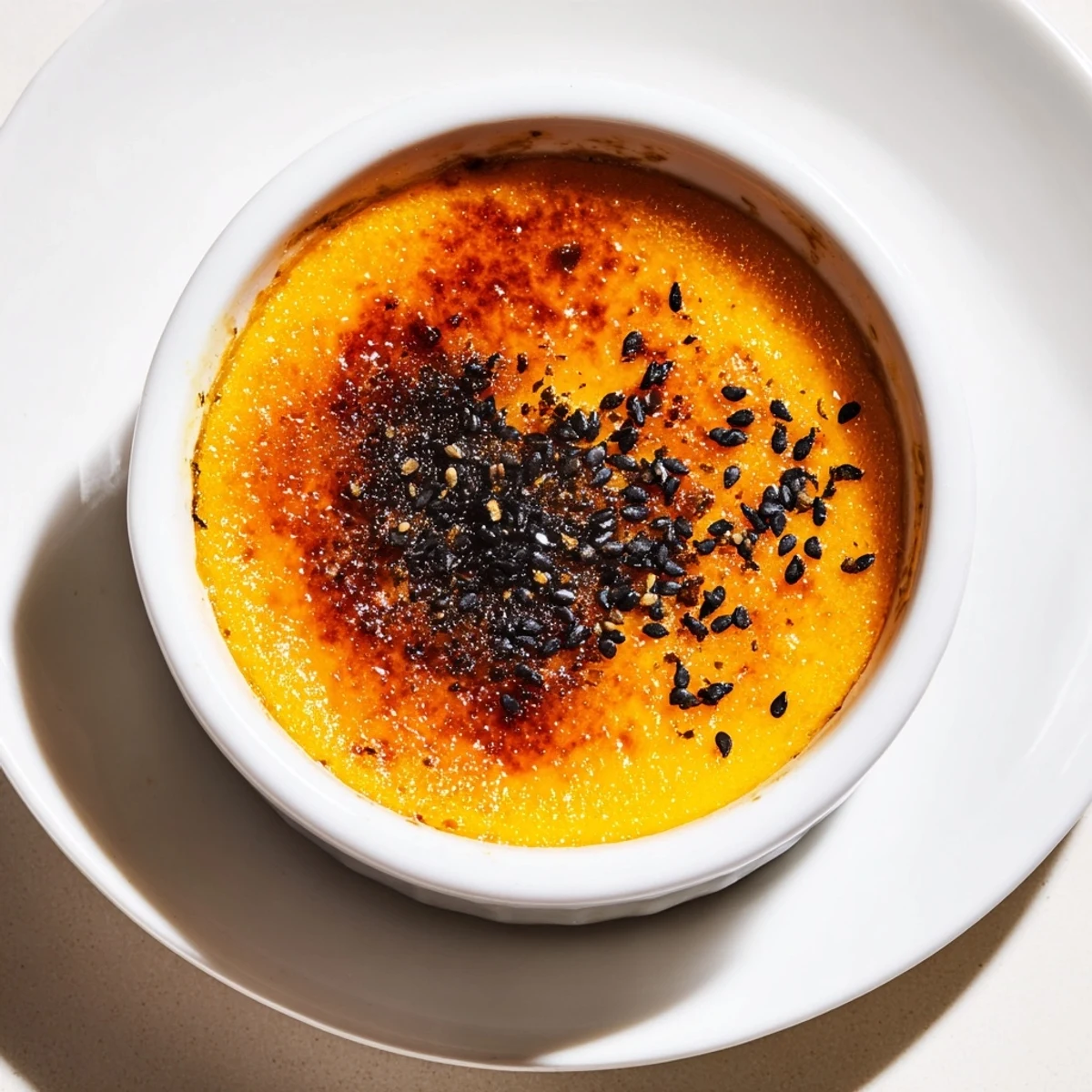 Silky Japanese sweet potato creme brulee sprinkled with black sesame seeds on a dark plate