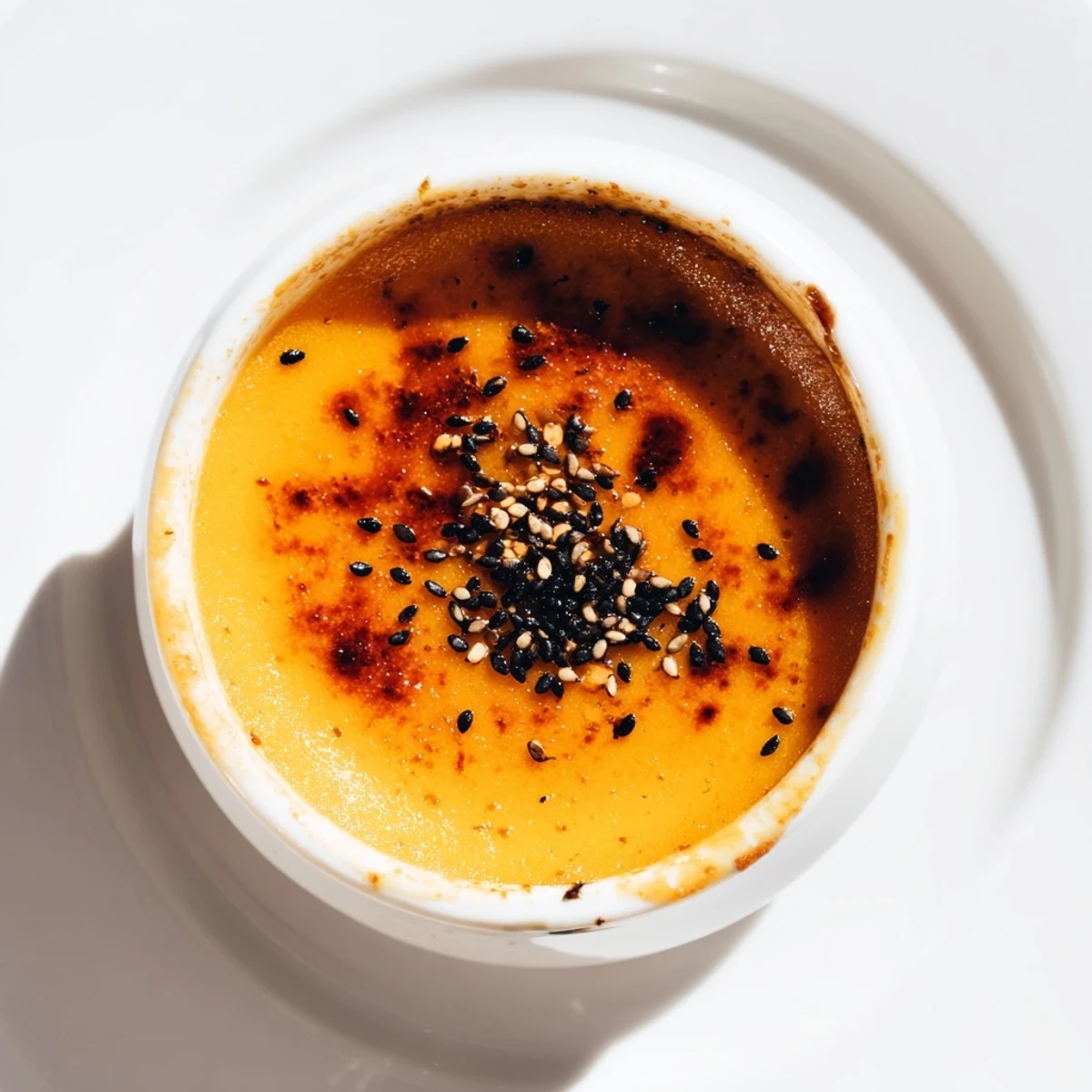 Kitchen torch creates crisp sugar crust over chilled Japanese sweet potato creme brulee dessert
