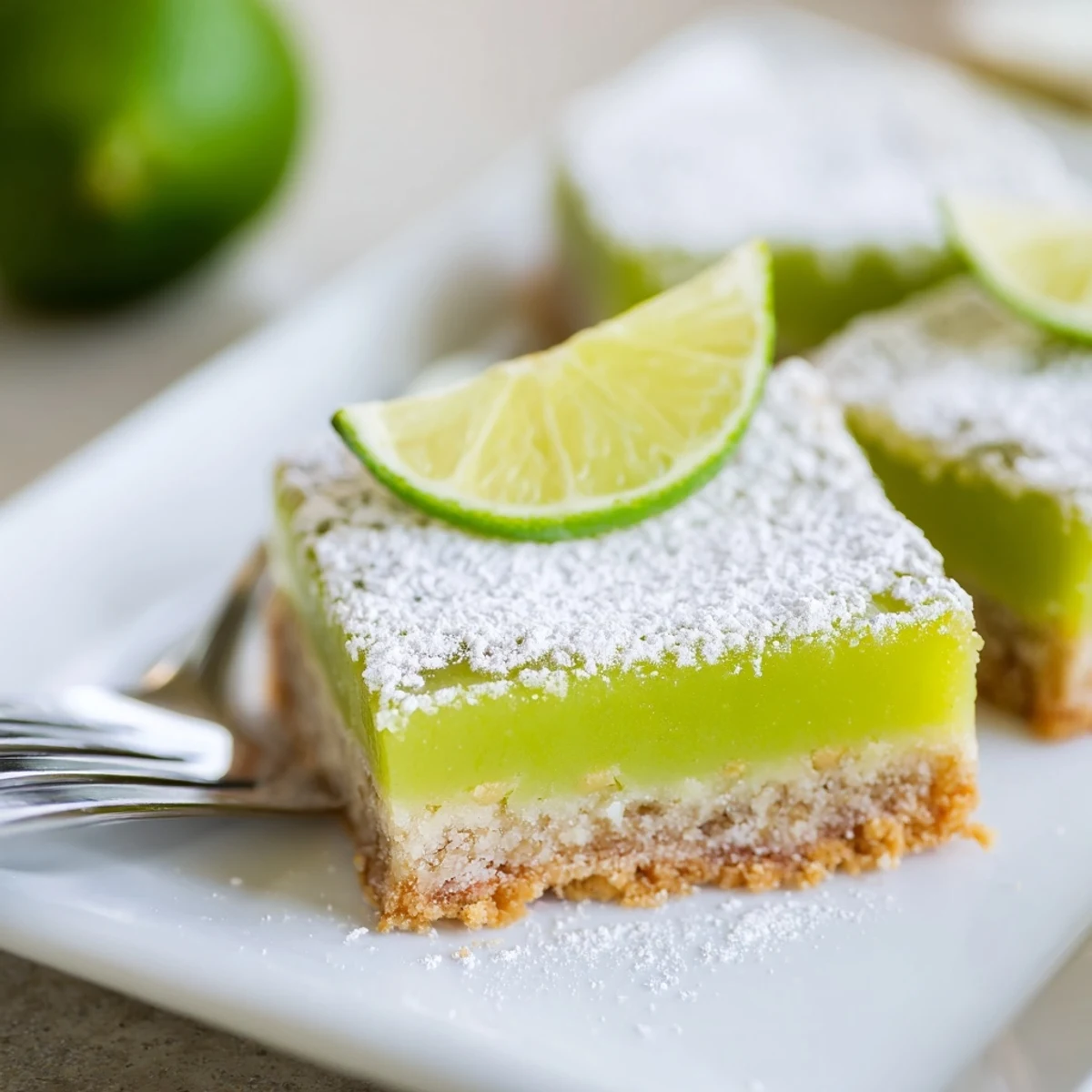 Golden shortbread crust topped with bright green zesty lime citrus bars cut into squares