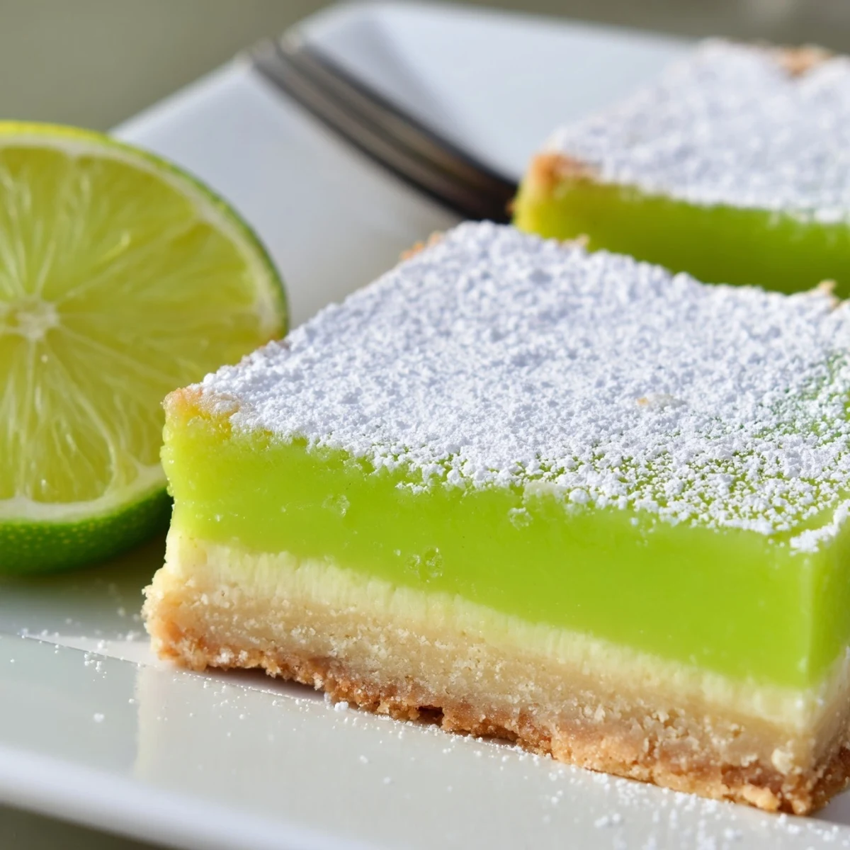 Close up of zesty lime citrus bars with buttery crust and tangy lime filling