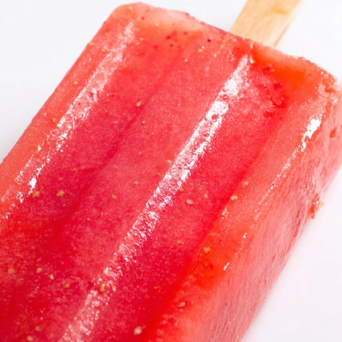 Homemade strawberry watermelon popsicles frozen in molds with vibrant red fruit swirls and wooden sticks poking out