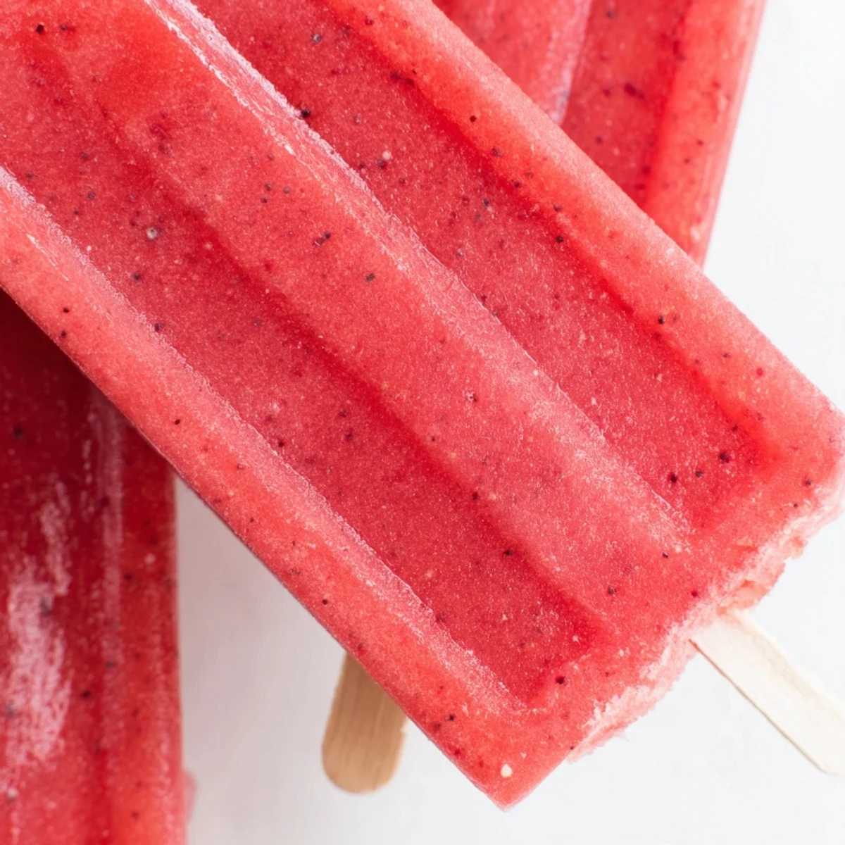 Fresh strawberry watermelon popsicles dripping with sweet juice on a sunny patio with green grass background