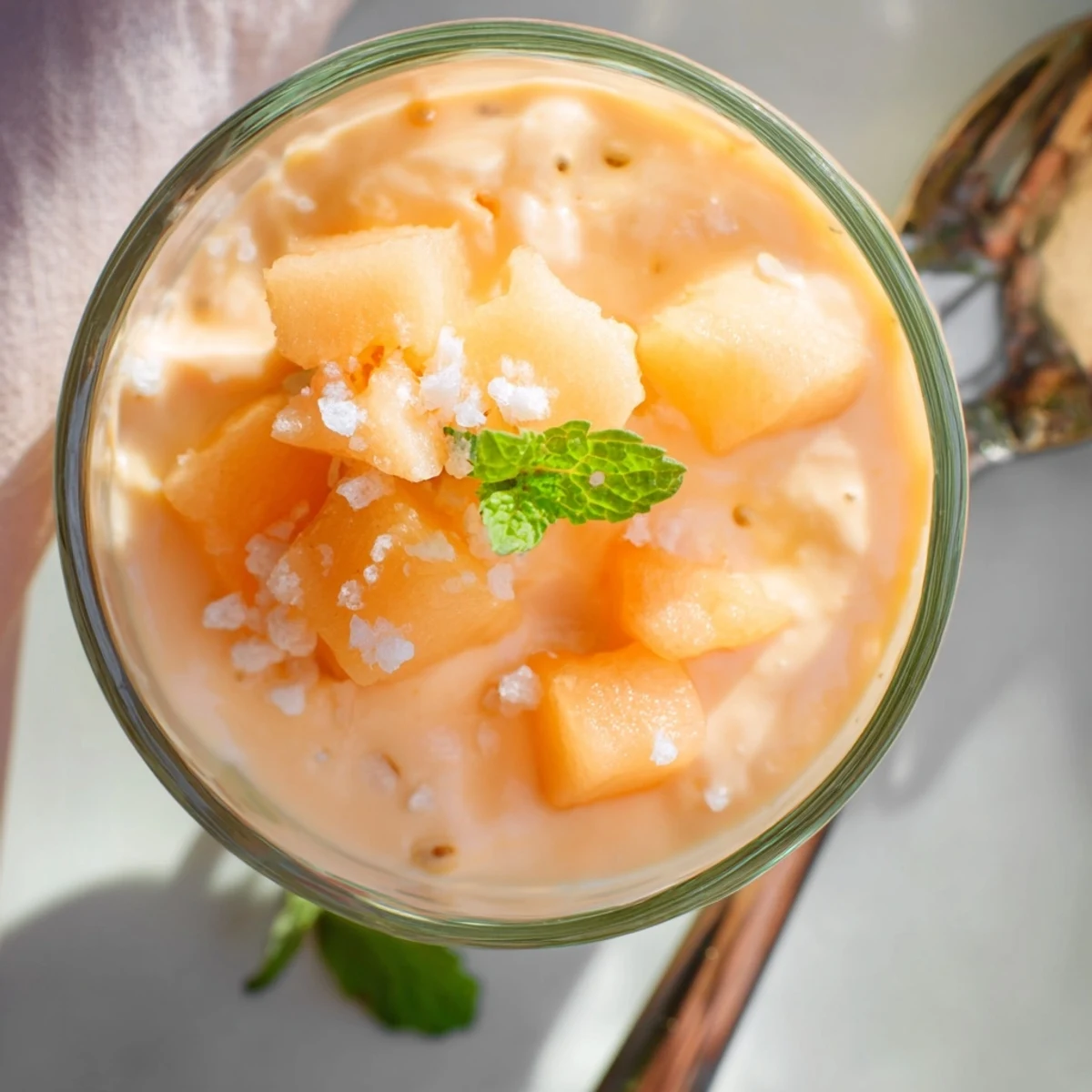 Creamy cantaloupe sea salt cream dessert topped with fresh mint and flaky sea salt garnish