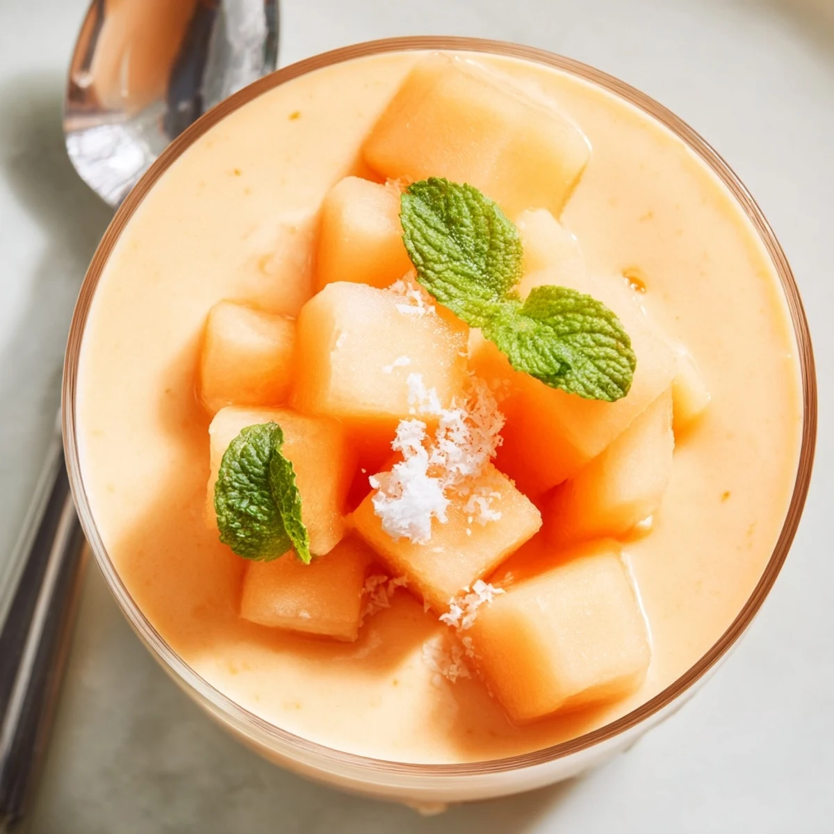 Silky smooth cantaloupe sea salt cream dessert with whipped texture and salty sweet finish