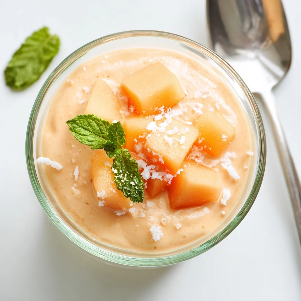 Golden chilled cantaloupe cream served in elegant glass bowls with melon balls and mint sprigs