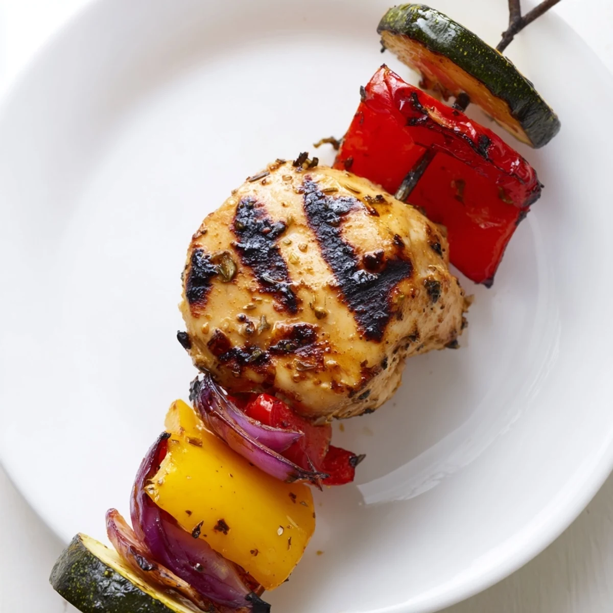Chicken Kabobs On The Grill sizzling, herb-marinated chicken and charred vegetables