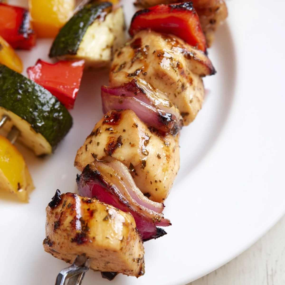 Family-style Chicken Kabobs On The Grill resting on a platter, ready to serve