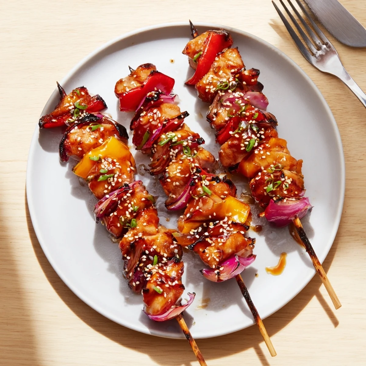Grilled Chicken Skewers With Korean BBQ Sauce, glossy charred chicken and peppers.