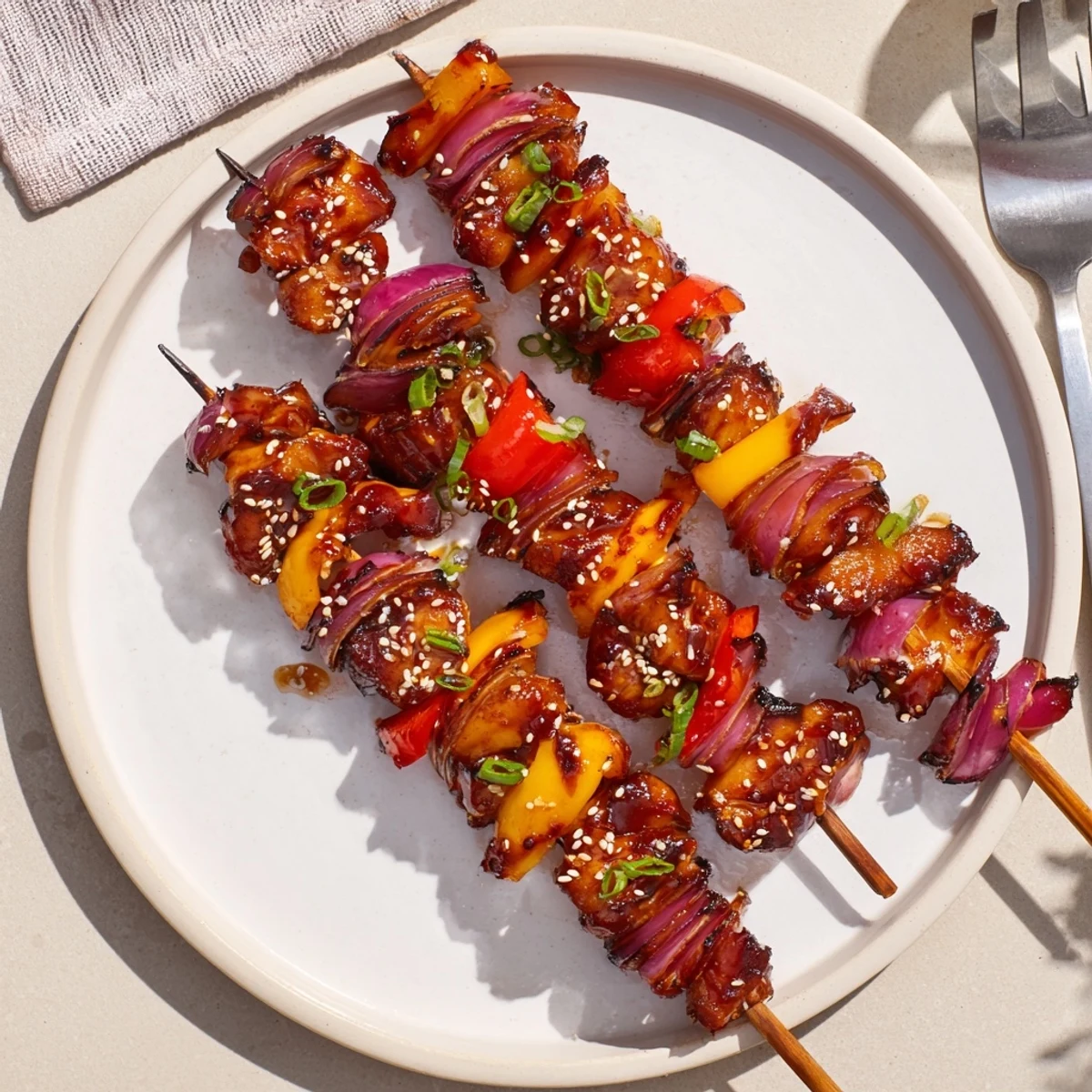 Savory Chicken Skewers With Korean BBQ Sauce brushed, sesame-sprinkled, served hot.