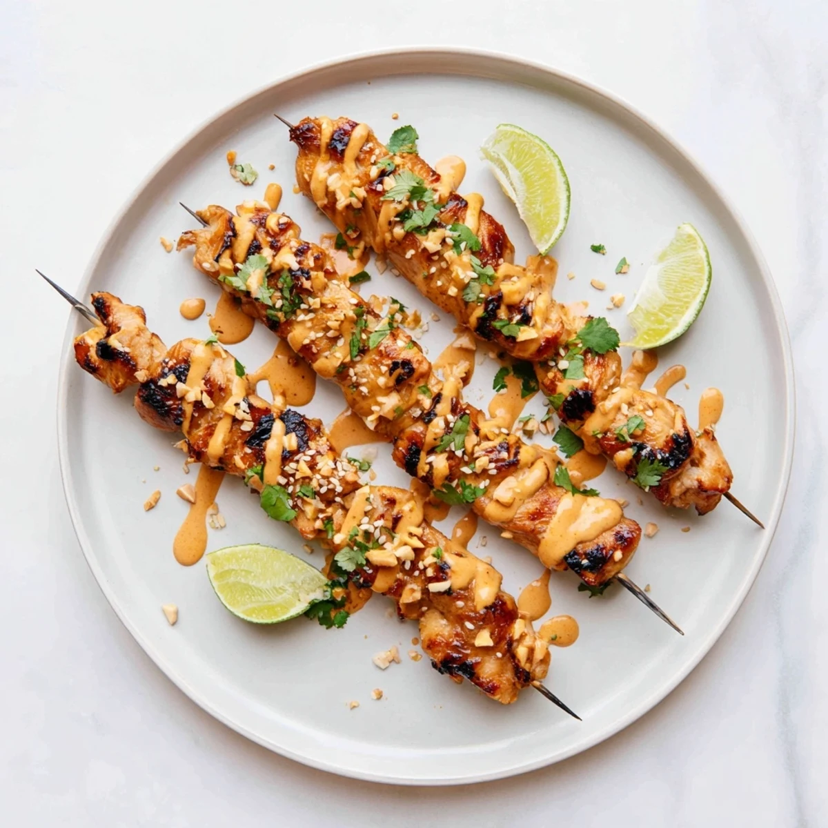 Smoky Grilled Bang Bang Chicken Skewers glazed with spicy, creamy sauce.