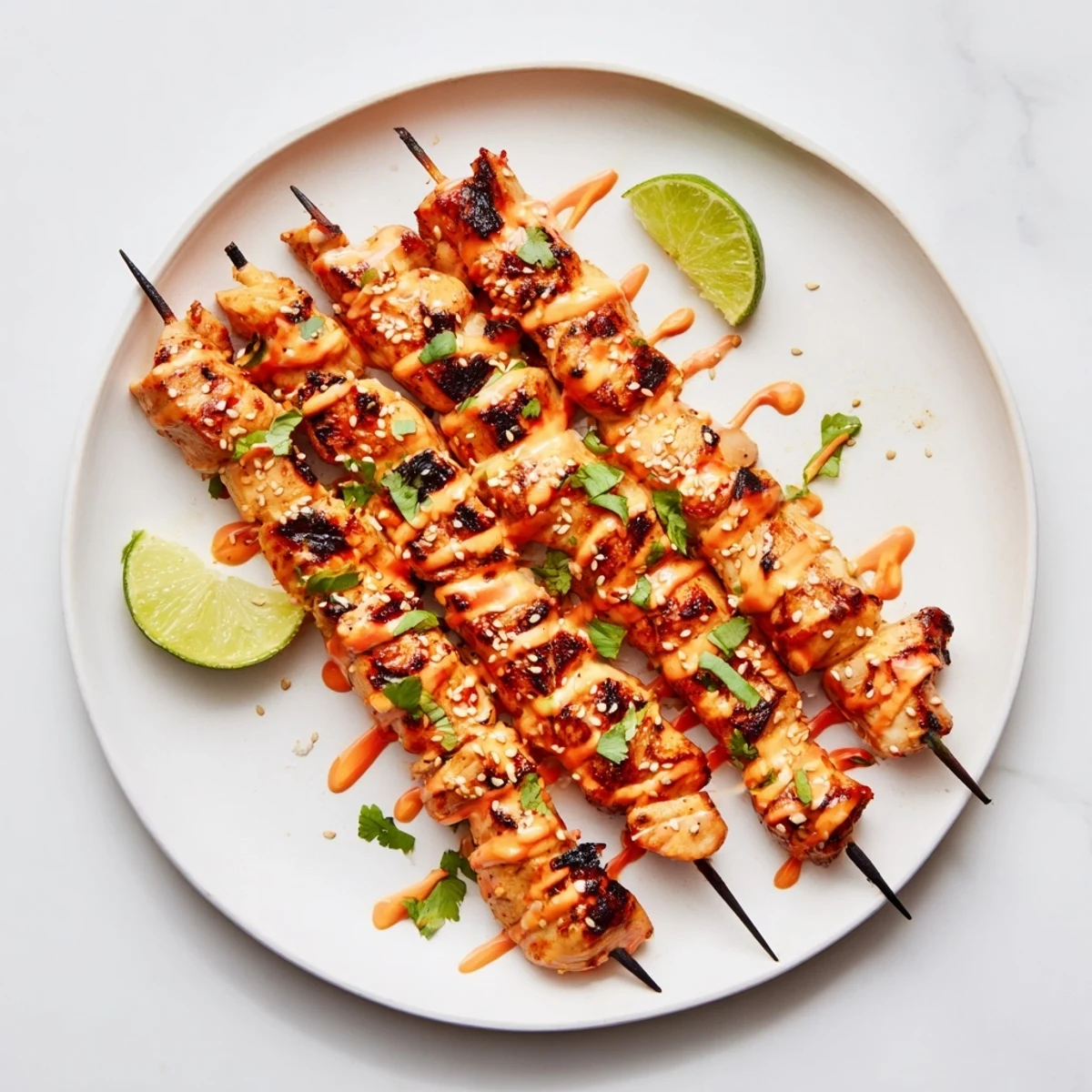Grilled Bang Bang Chicken Skewers sizzling with charred edges, drizzled creamy sauce.