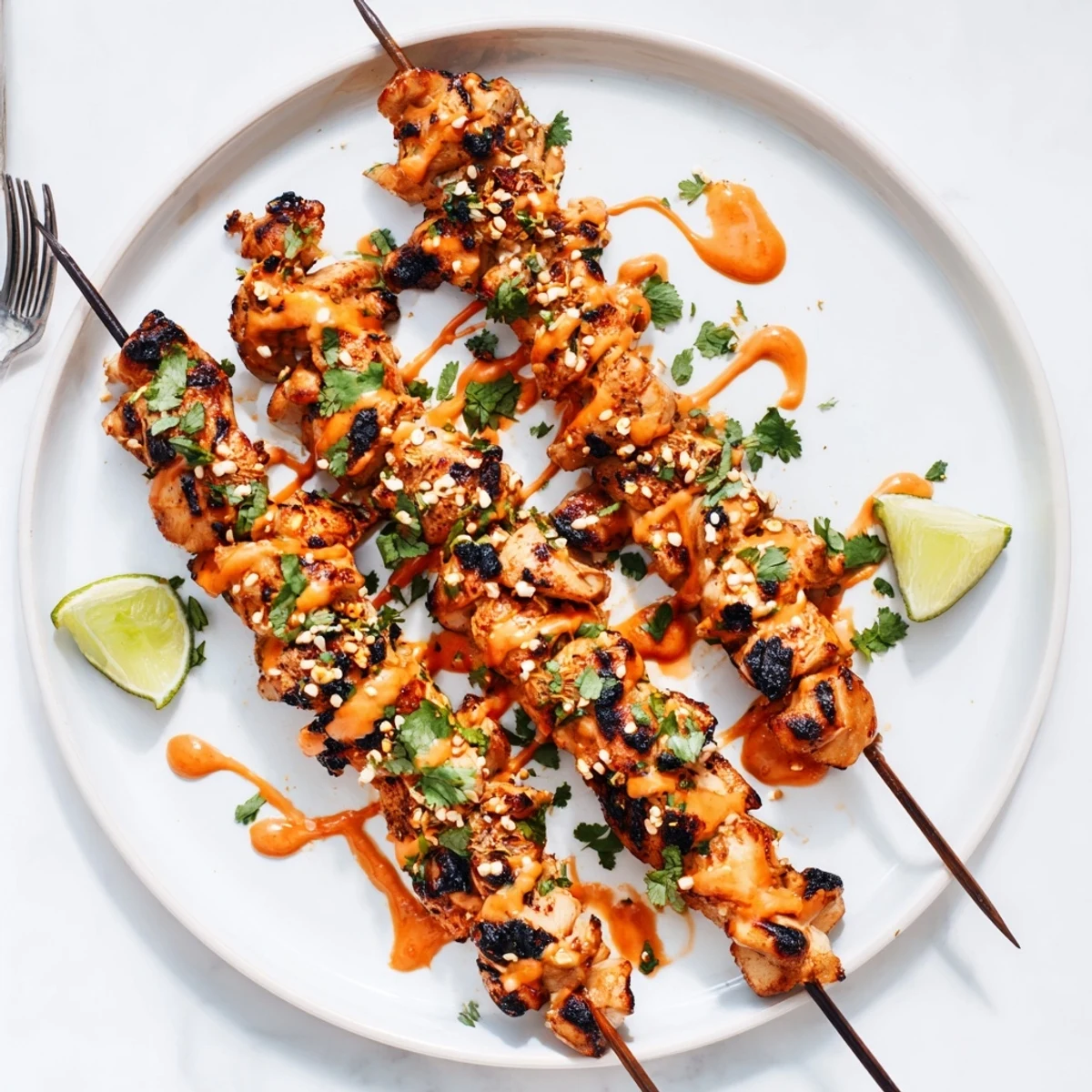 Weeknight Grilled Bang Bang Chicken Skewers served over rice with tangy sauce.