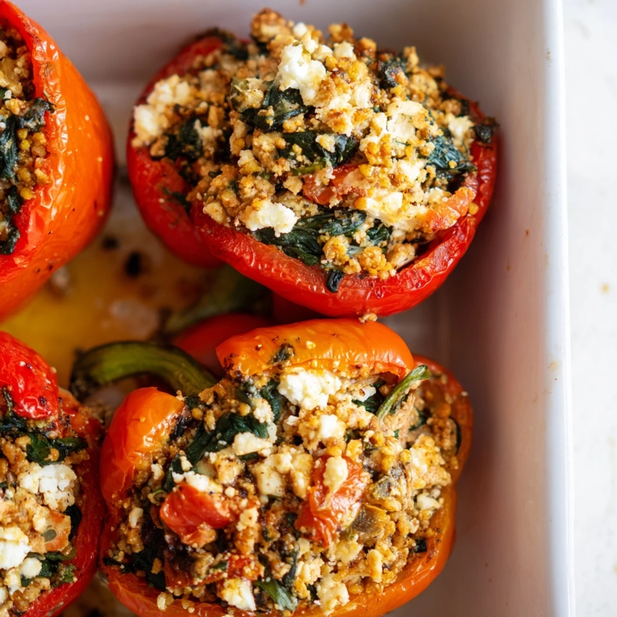 Golden bell peppers stuffed with savory ground chicken Greek mixture and crumbled feta