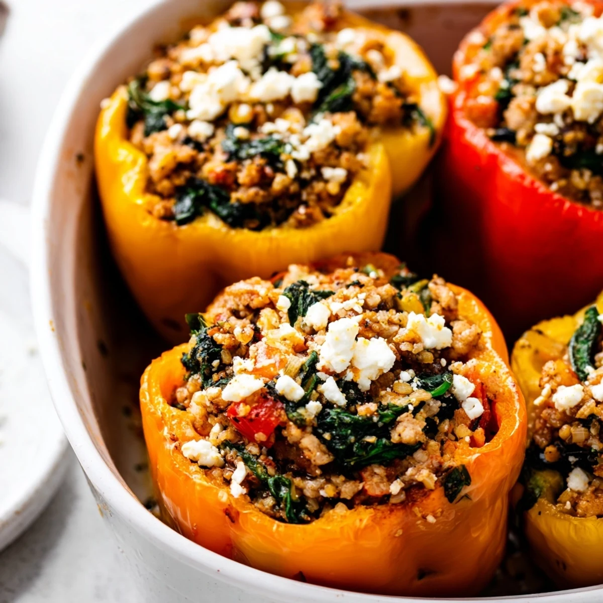 Colorful stuffed peppers overflowing with ground chicken, diced vegetables, and melted feta cheese