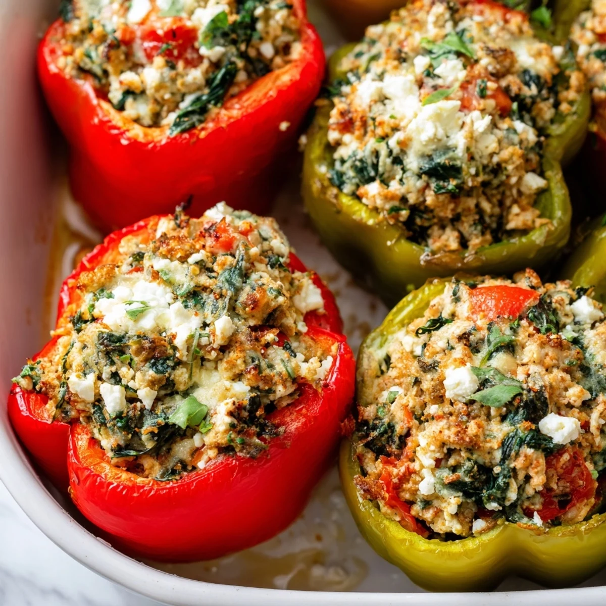 Tender baked peppers filled with Mediterranean seasoned chicken, spinach, and aromatic herbs