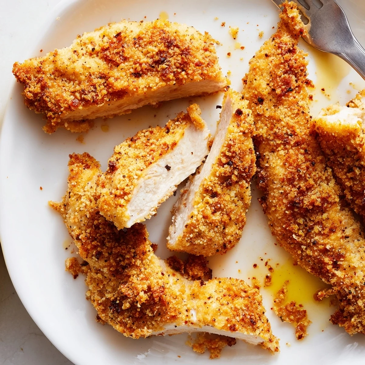 Golden air fryer chicken tenders with crispy panko coating served on white plate