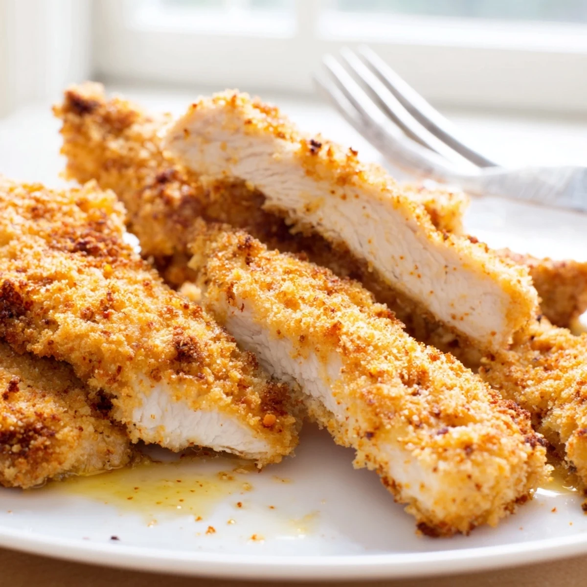 Crispy homemade air fryer chicken tenders arranged beside honey mustard dipping sauce