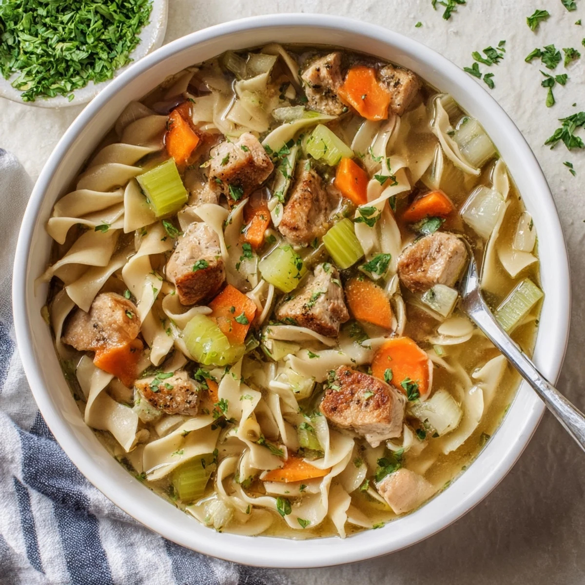 Close-up of hearty one pot chicken and noodles garnished with fresh parsley and creamy sauce.