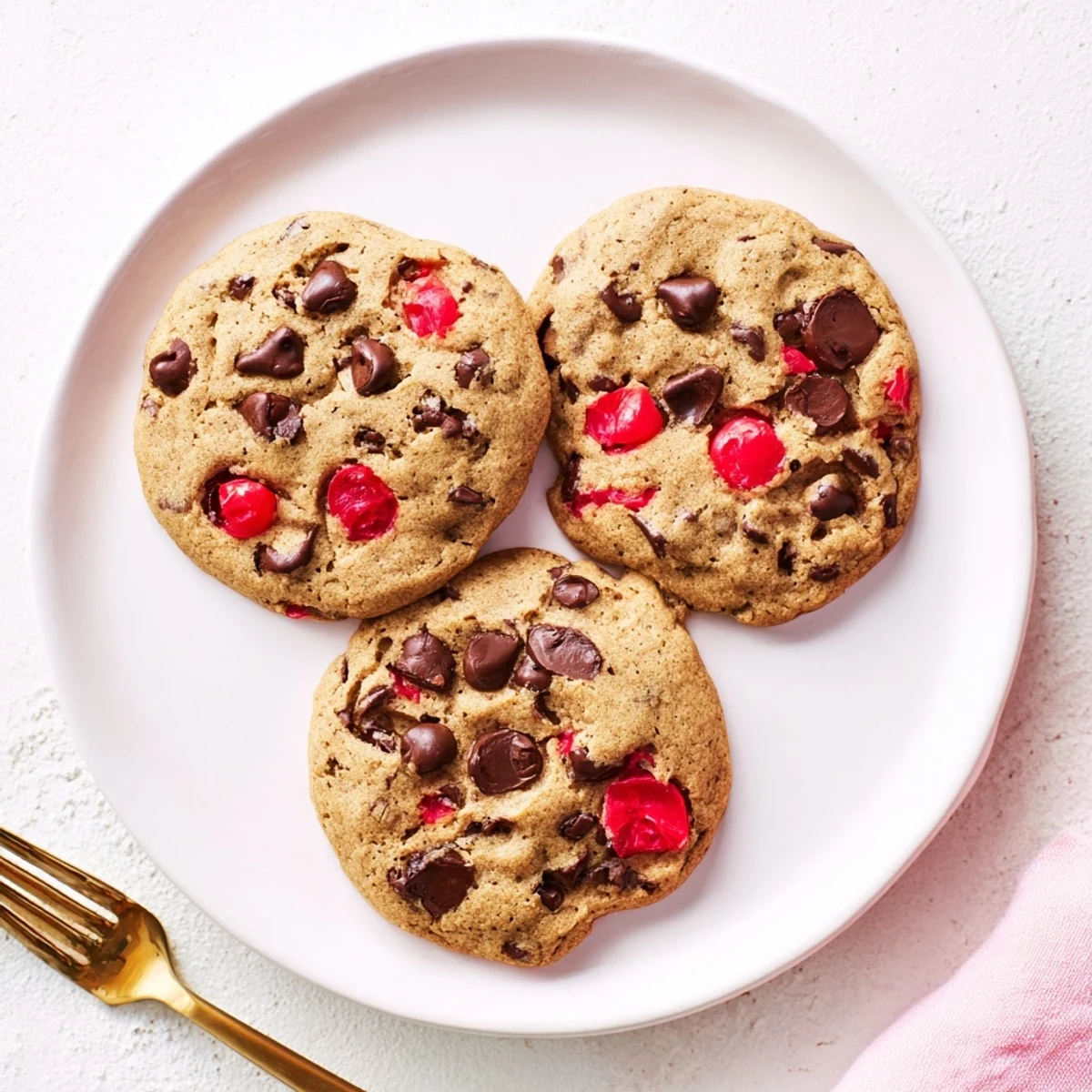 Golden baked cherry chocolate chip cookies studded with bright red cherry pieces