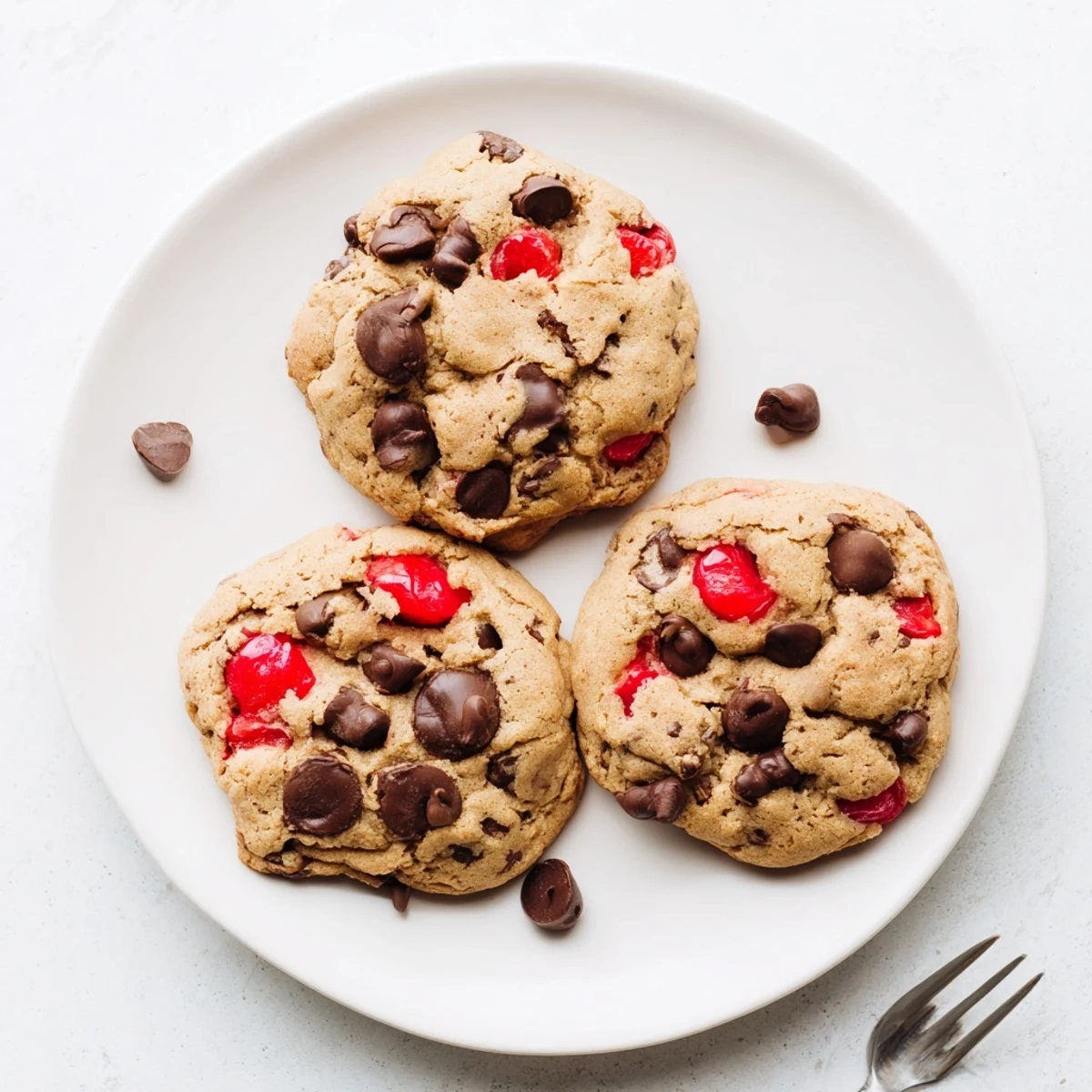Chewy maraschino cherry chocolate chip cookies stacked on a wooden serving board