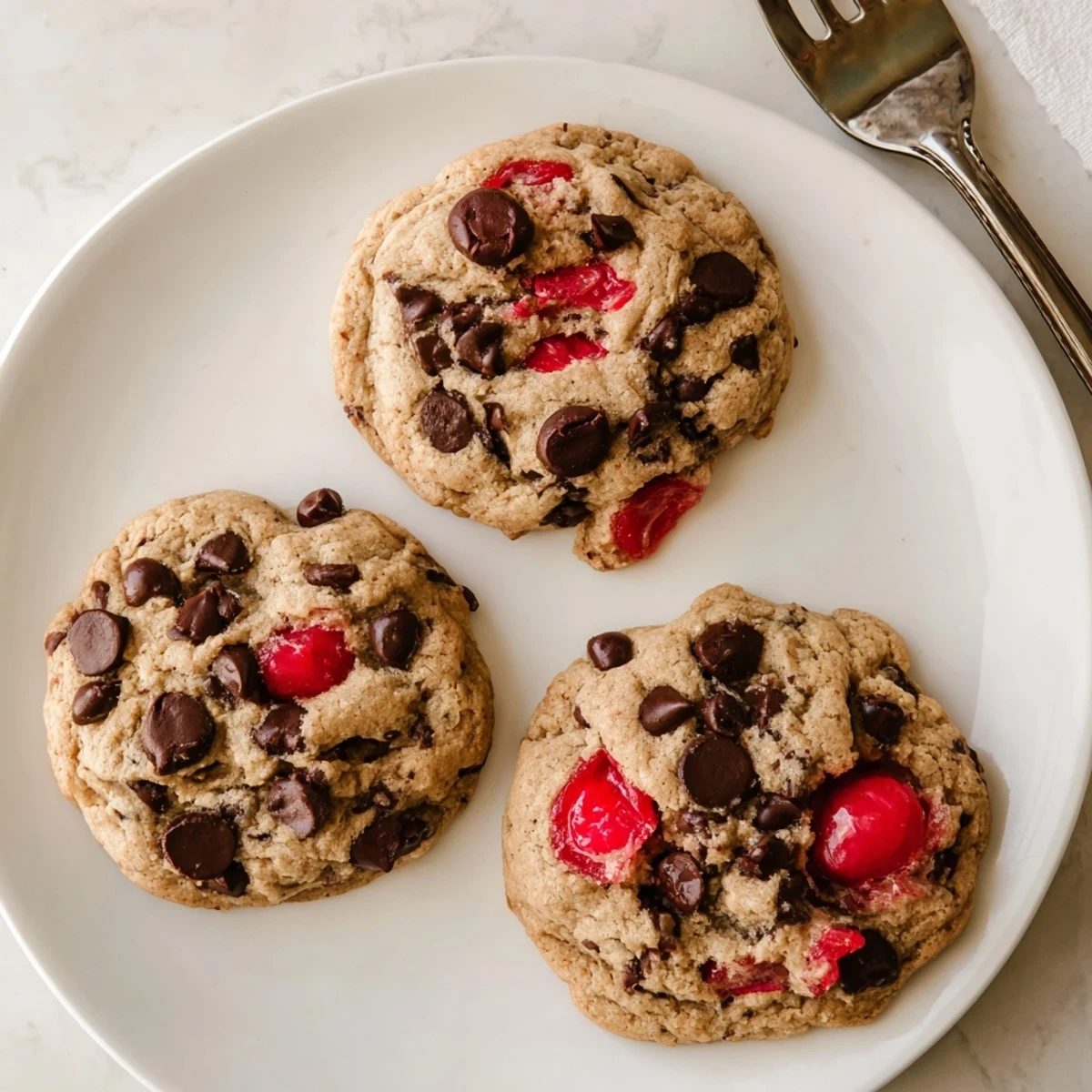 Soft maraschino cherry chocolate chip cookies on a white wire cooling rack