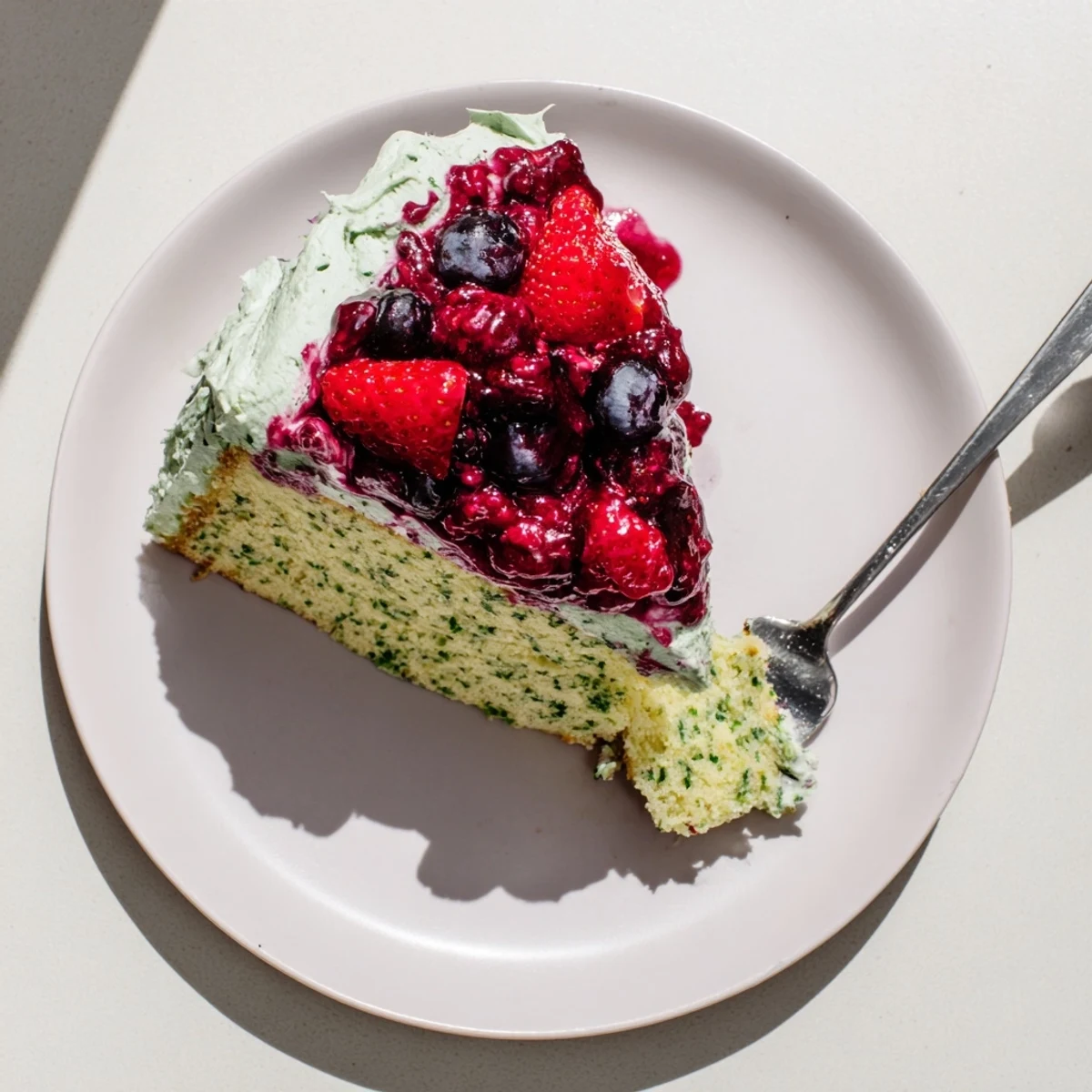 Golden basil berry cake slice topped with vibrant berry compote and basil whipped cream