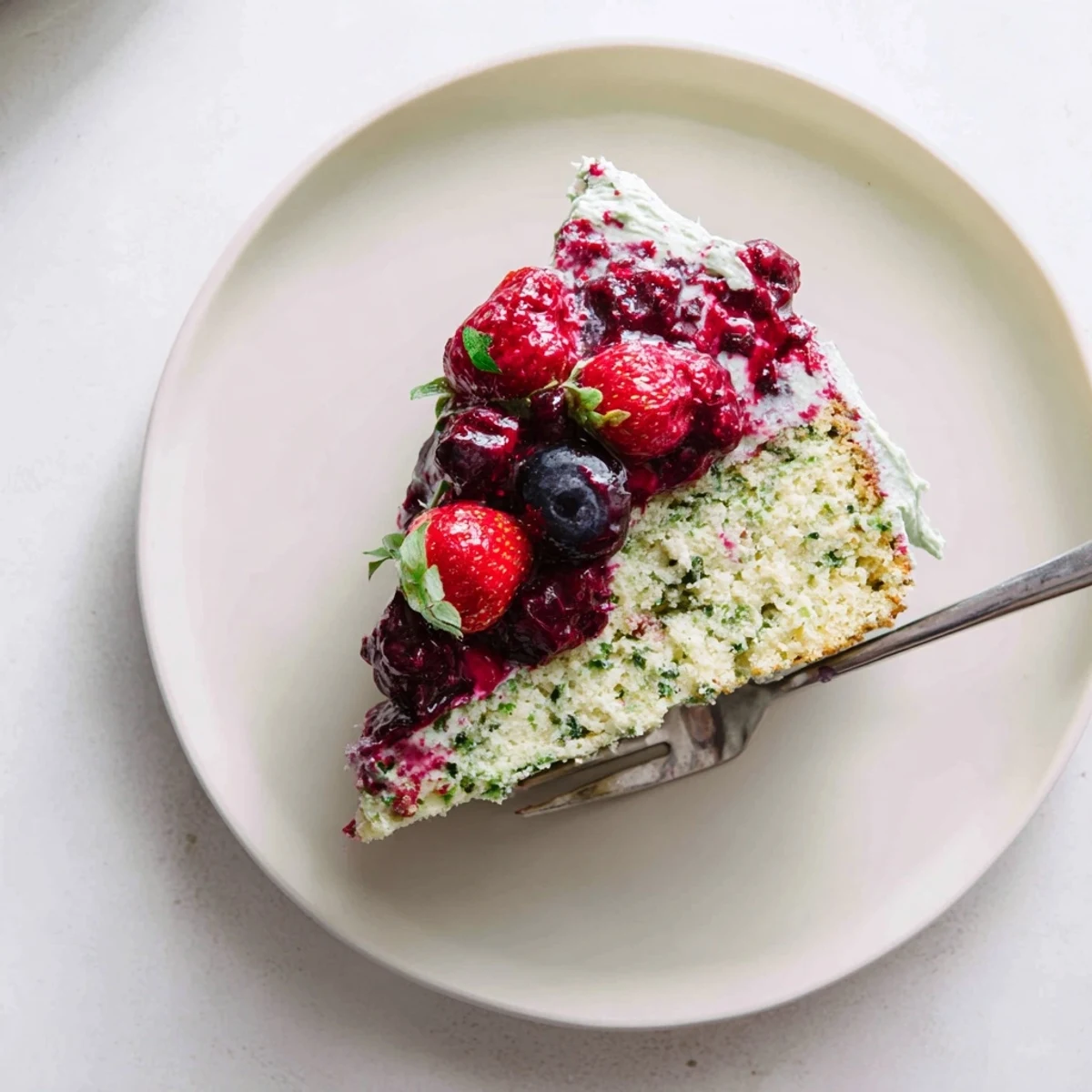 Summer dessert featuring fresh berries and aromatic basil on a moist layered cake