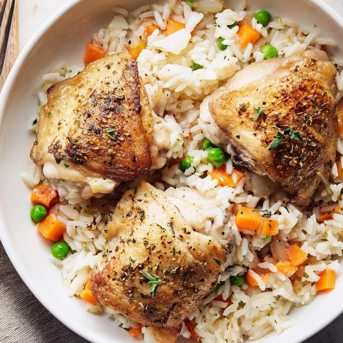 Slow Cooker Lemon Herb Chicken And Rice steaming, tender thighs over fluffy rice