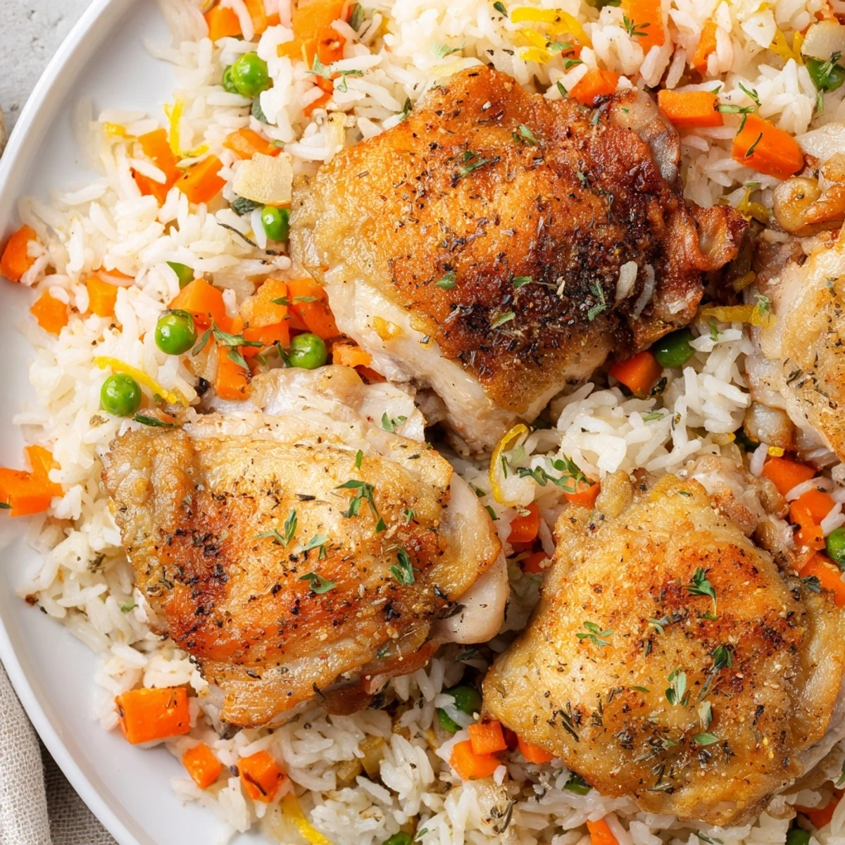 Slow Cooker Lemon Herb Chicken And Rice served garnished with parsley and bright zest