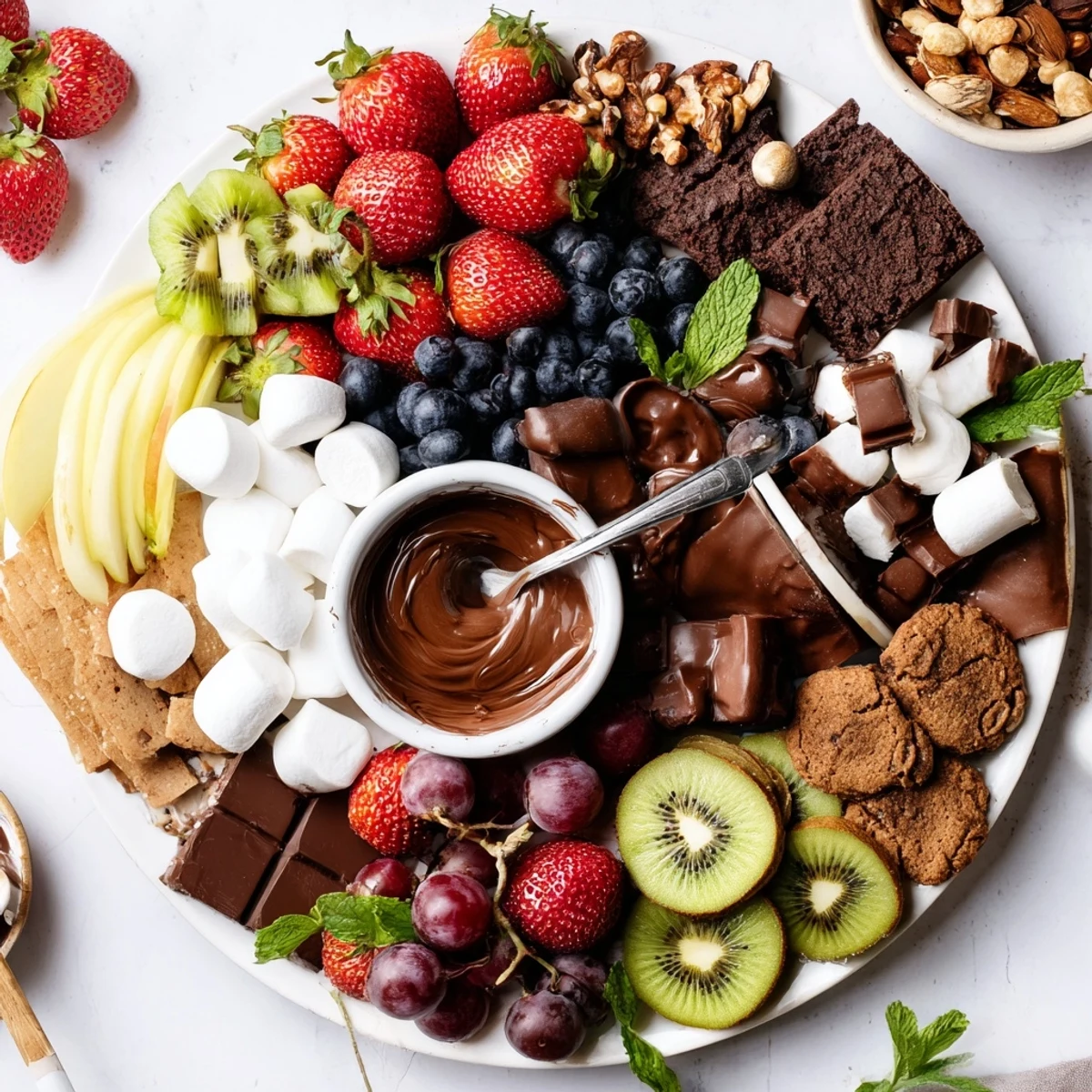 Dessert Charcuterie Board layered with fresh fruits, chocolates, and dipping sauces.