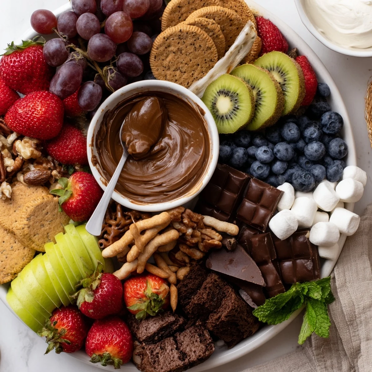Party-ready Dessert Charcuterie Board with gooey Nutella, crunchy pretzels, and berries.