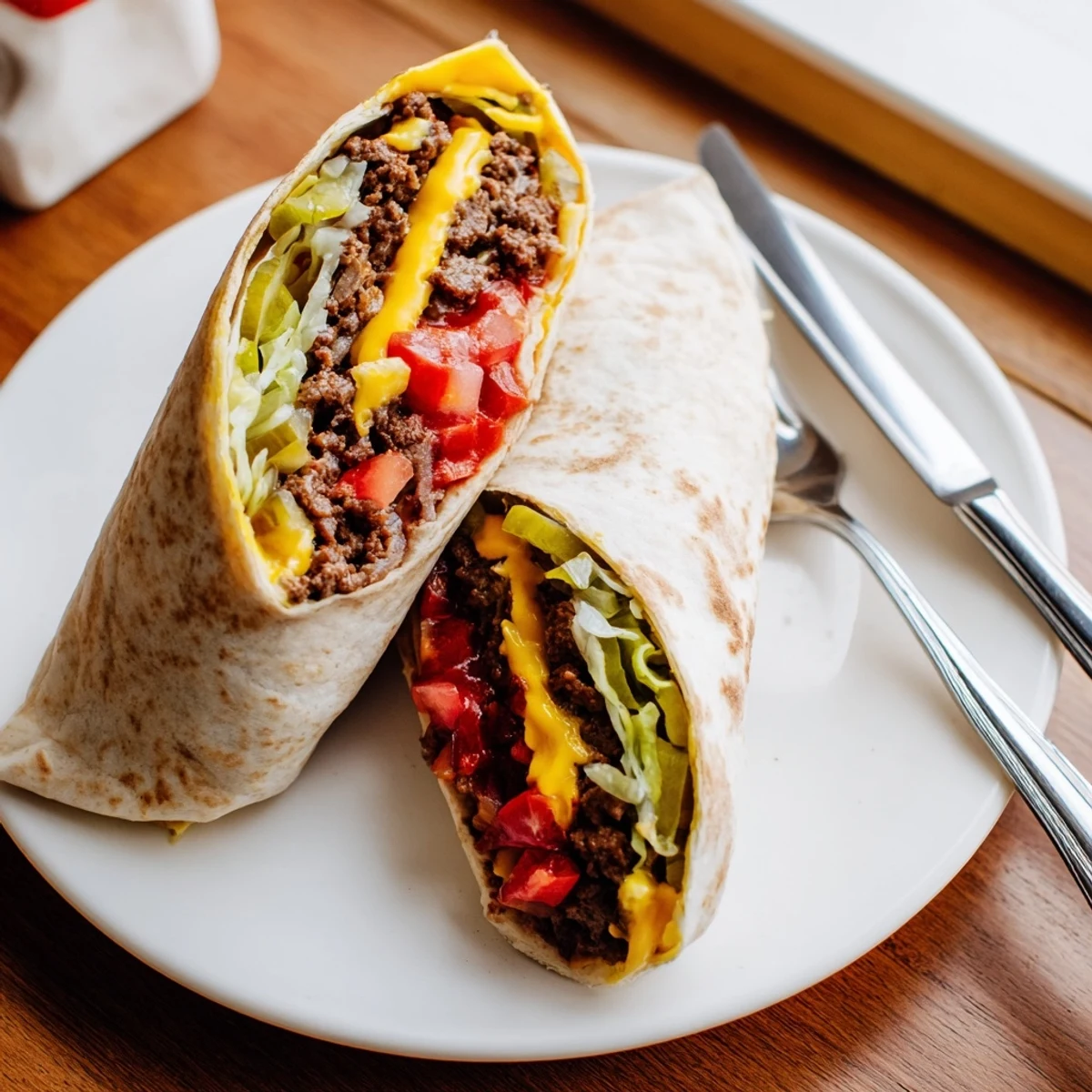 Warm tortilla hugging melty cheddar and seasoned beef in Cheeseburger Wrap Recipe.