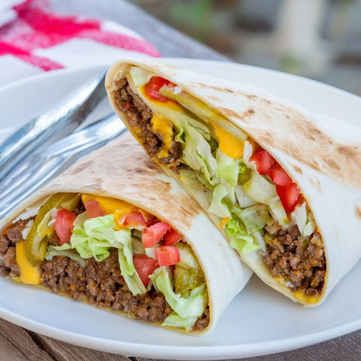 Handheld Cheeseburger Wrap Recipe, served with crispy grilled edges and fresh tomato.
