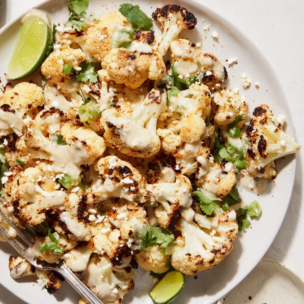 Cauliflower Elote piled on platter, golden roasted florets, creamy chili lime sauce