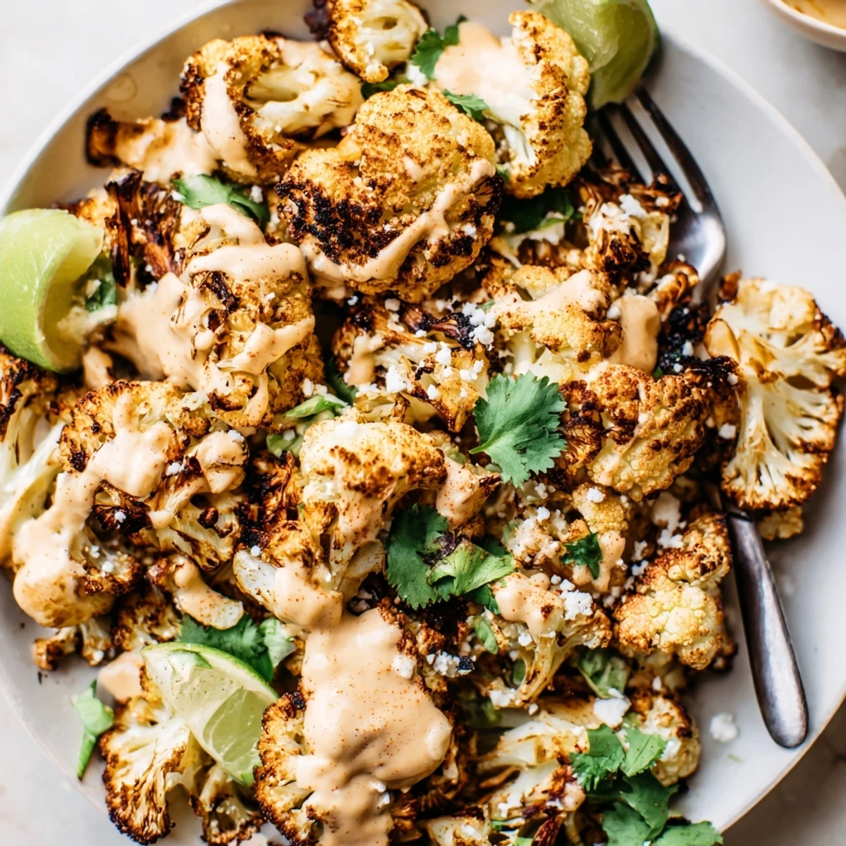 Charred, tangy Cauliflower Elote sprinkled with cotija, cilantro, scallions, lime wedges