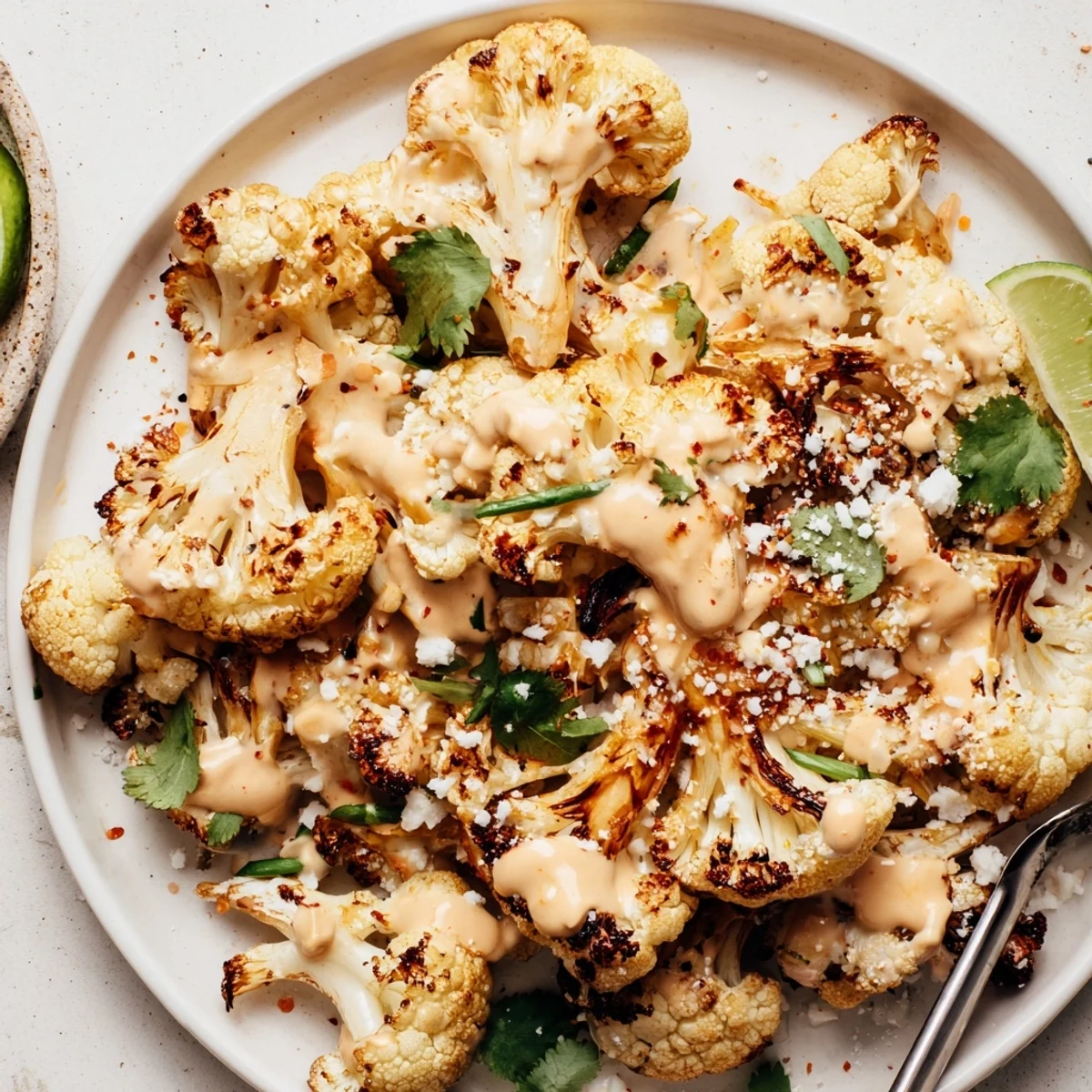 Creamy, smoky Cauliflower Elote served warm as a vegetarian side dish