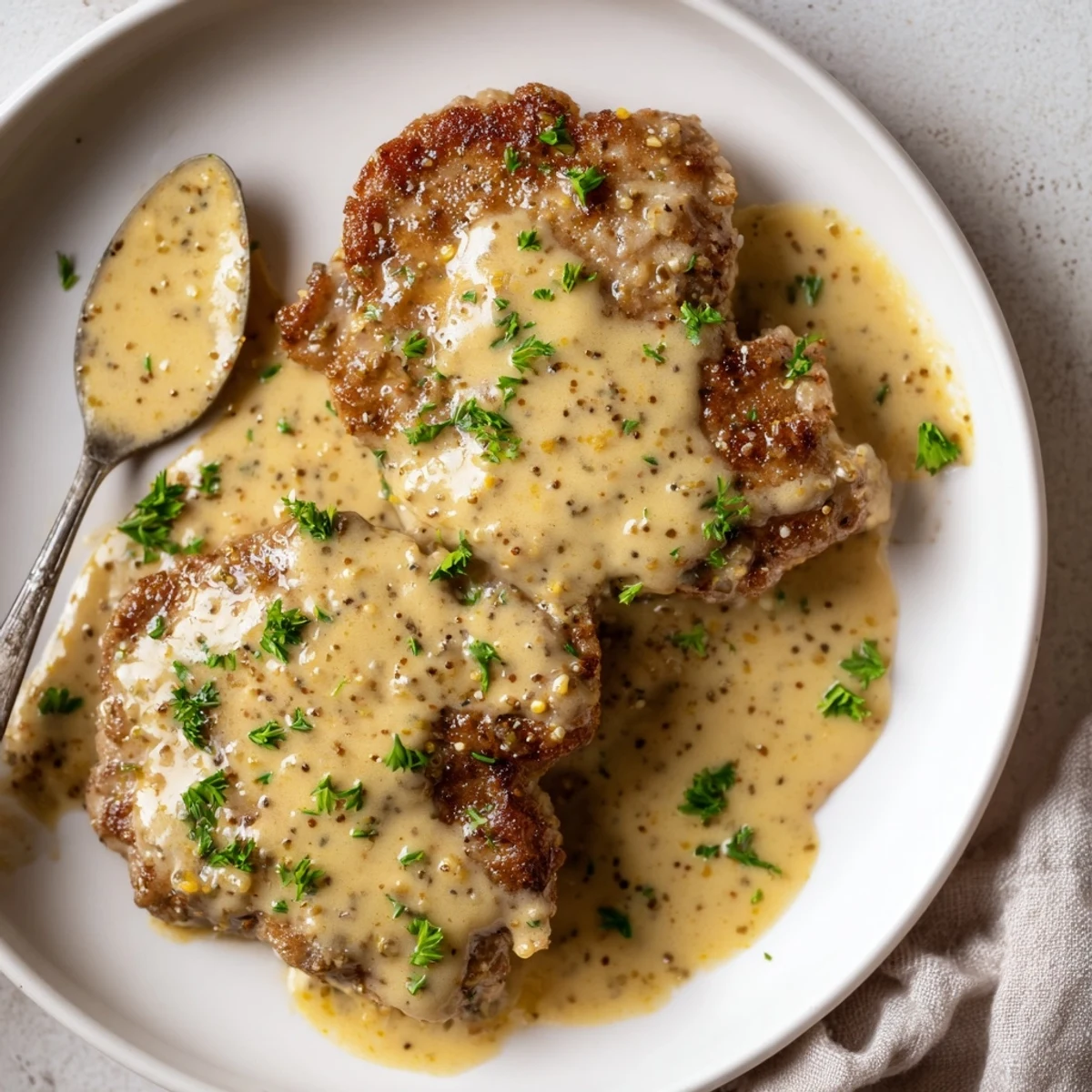 Skillet-simmered French Mustard Chicken, thick Dijon cream bubbling around breasts.