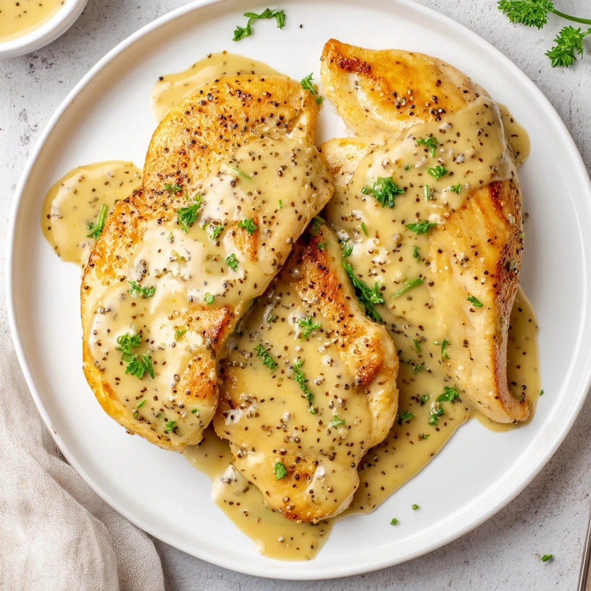 French Mustard Chicken in creamy Dijon sauce, golden seared breasts, parsley garnish.