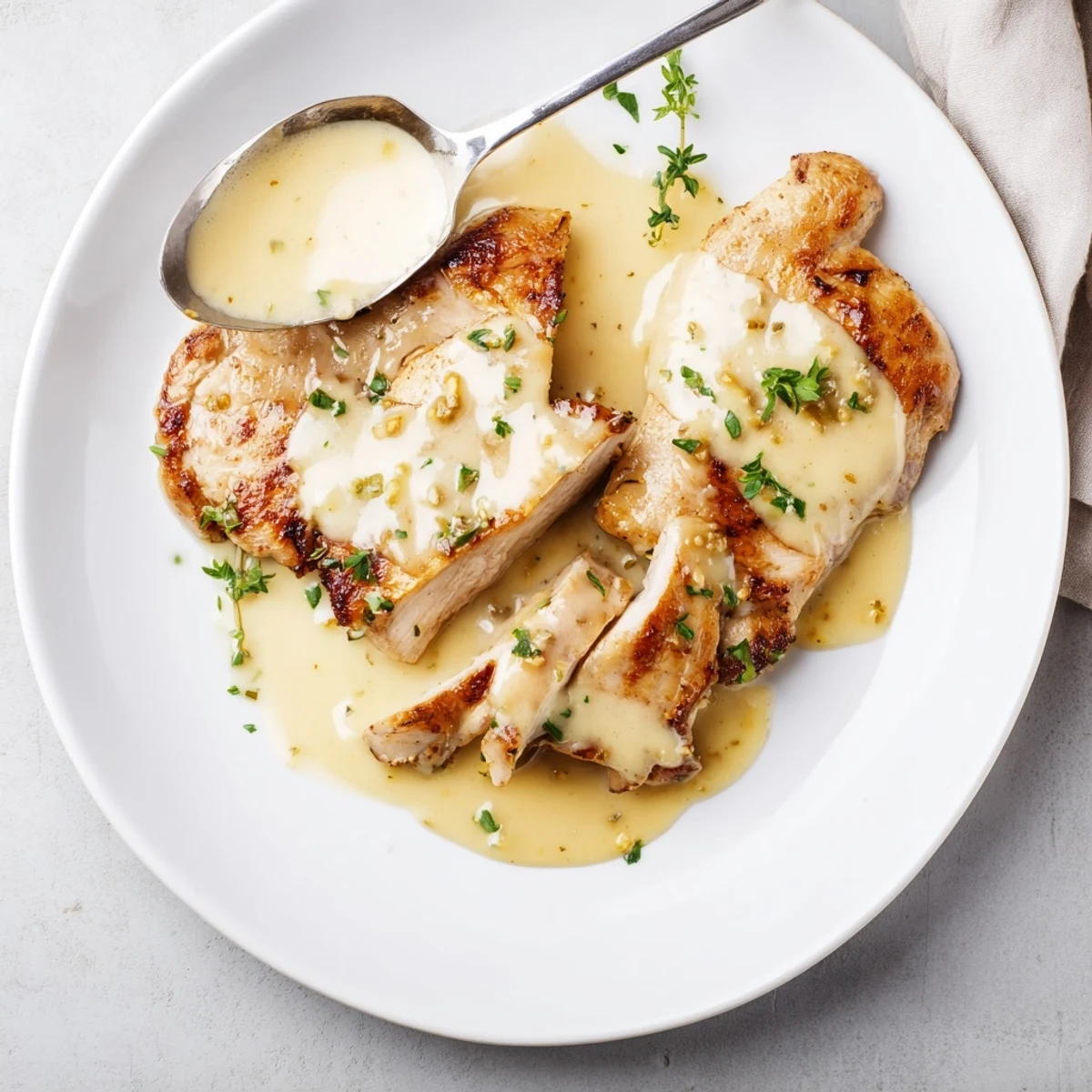 French Mustard Chicken served with mashed potatoes, rich mustard cream coating.