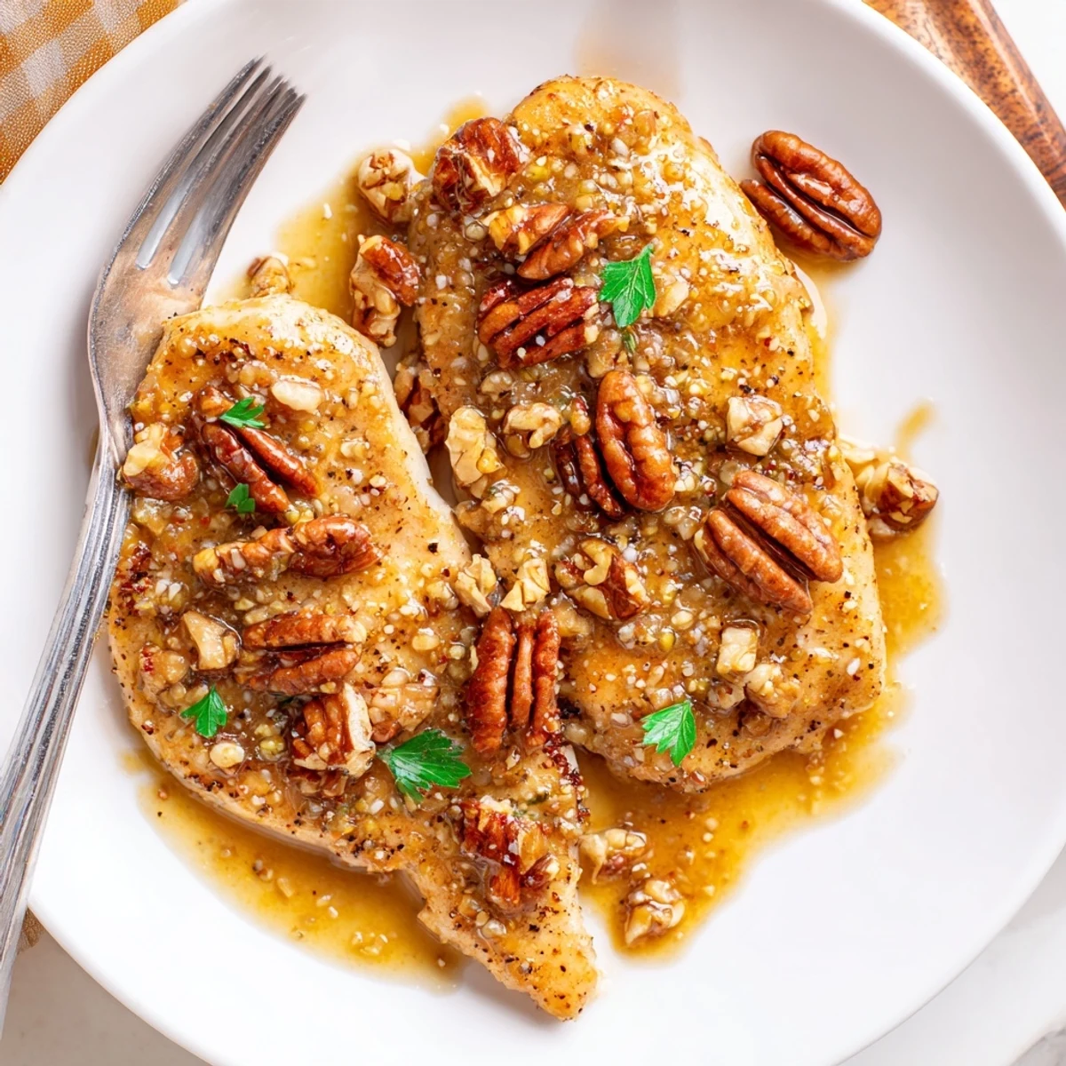 Honey Garlic Pecan Chicken glazed and glossy, topped with toasted pecans, served over rice